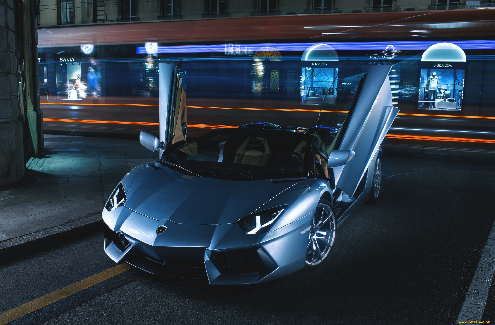 автомобили, lamborghini, roadster, lp700-4, aventador, nigth, road, door, silver, supercars, ligth, city