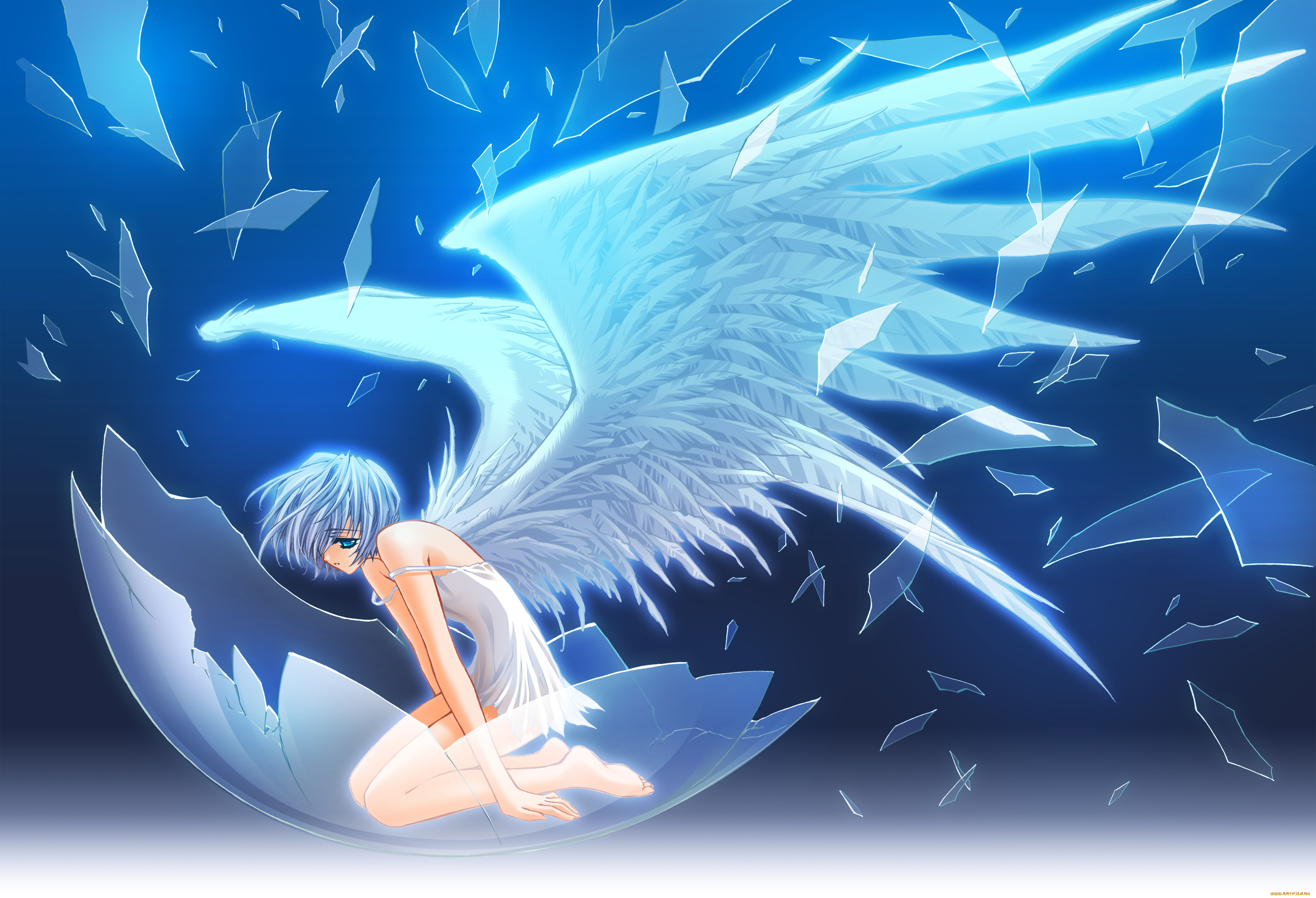 аниме, carnelian, осколки, стекло, девушка, ангел, крылья