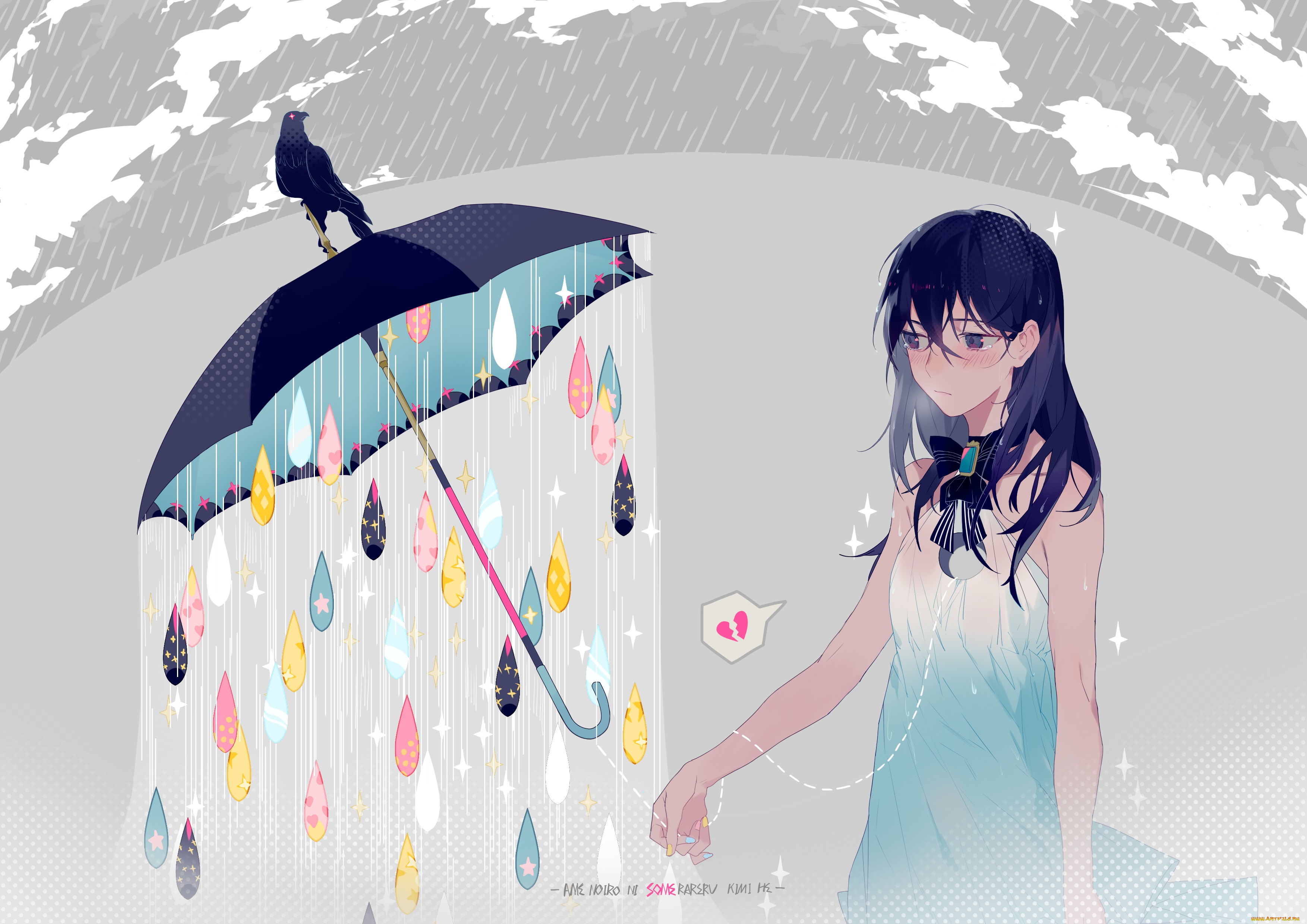 аниме, unknown, , другое, птица, зонтик, взгляд, девушка, фон