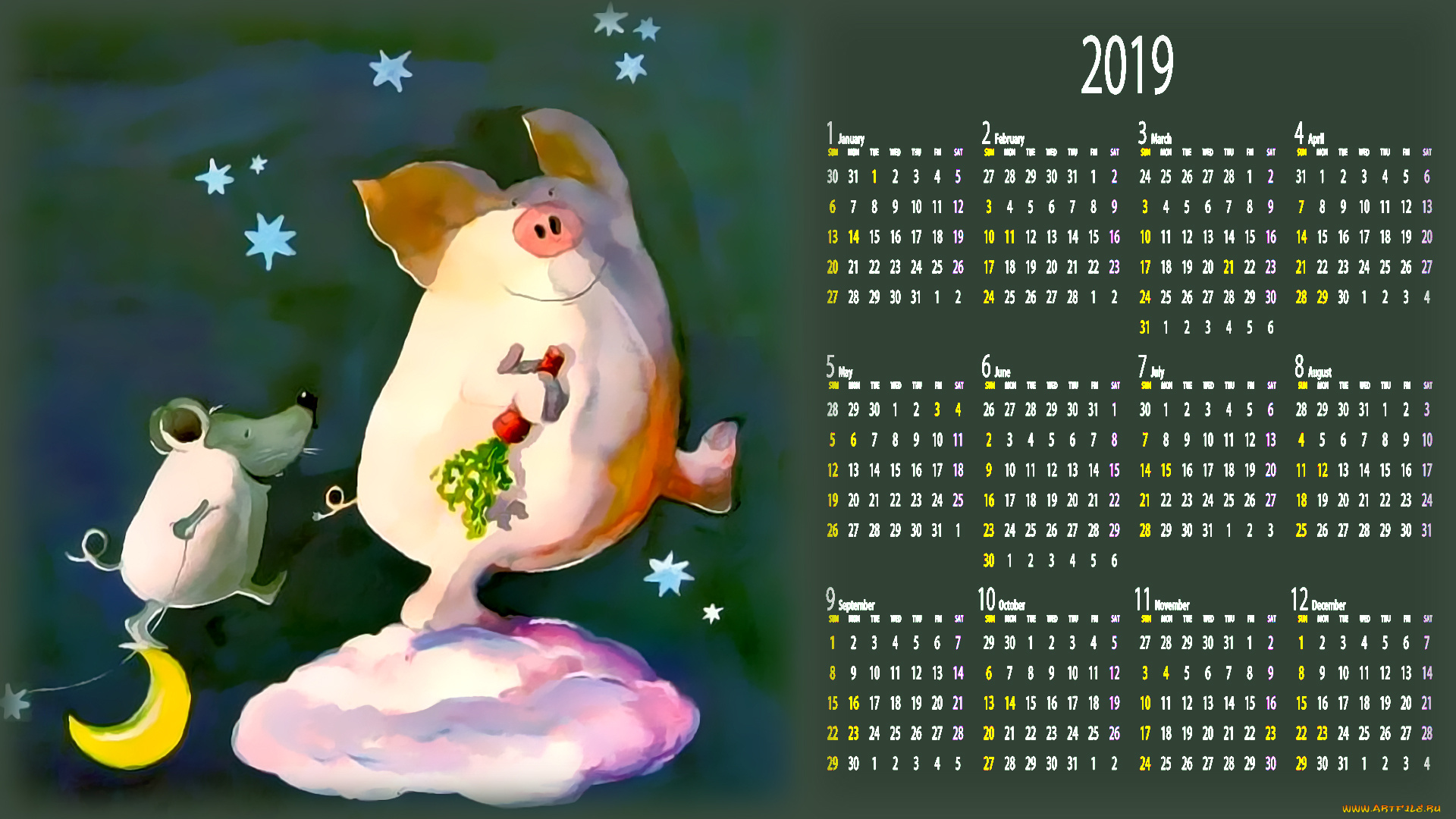календари, рисованные, , векторная, графика, морковь, луна, свинья, мышь, поросенок, облако