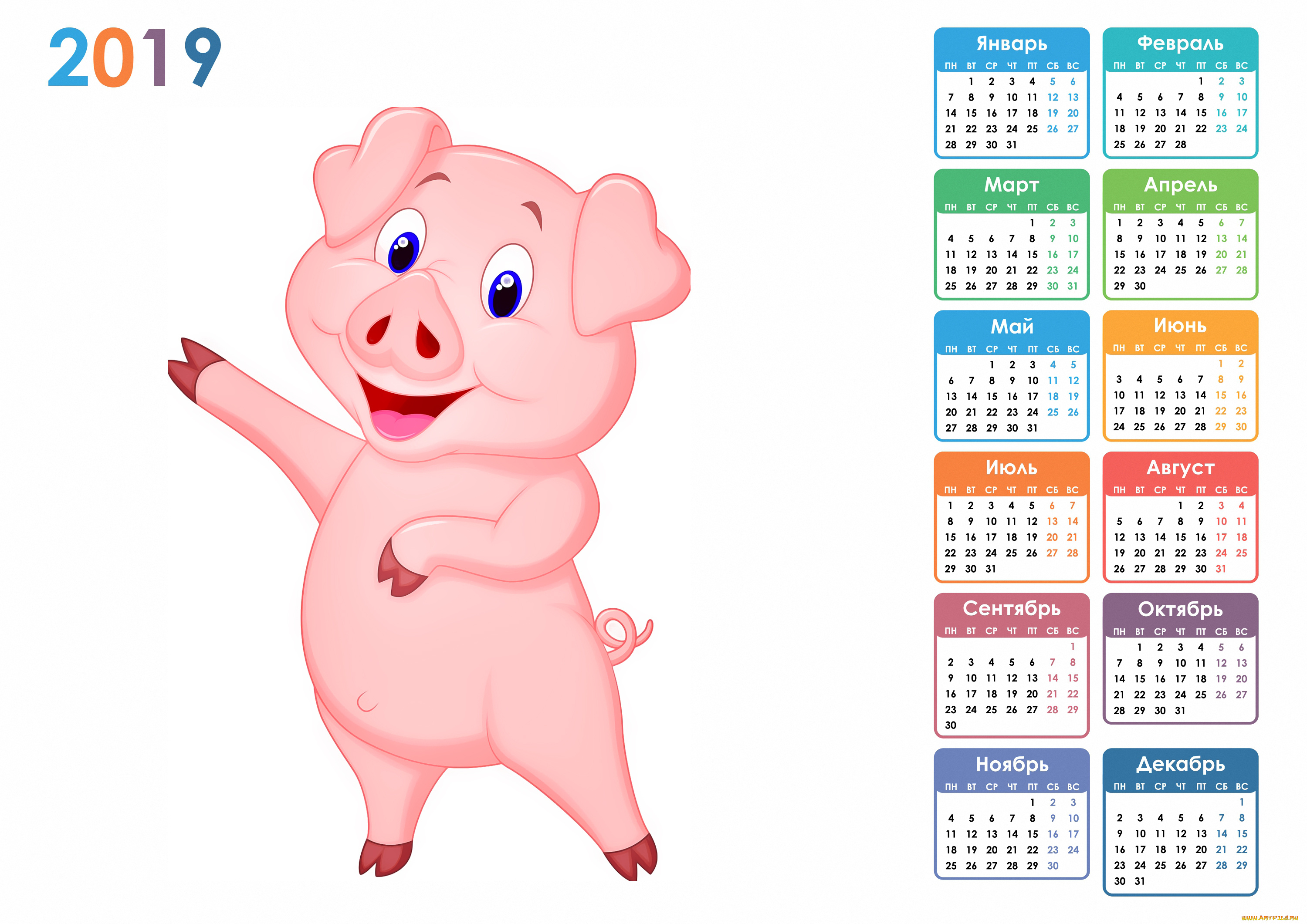 календари, рисованные, , векторная, графика, свинья, поросенок
