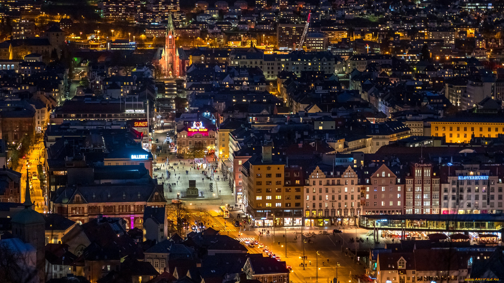 города, берген, , норвегия, огни, вечер, панорама
