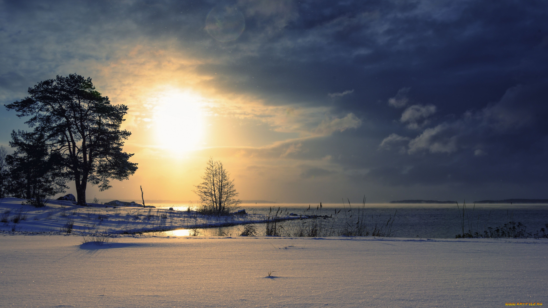 природа, зима, снег, побережье, закат, балтийское, море, финляндия