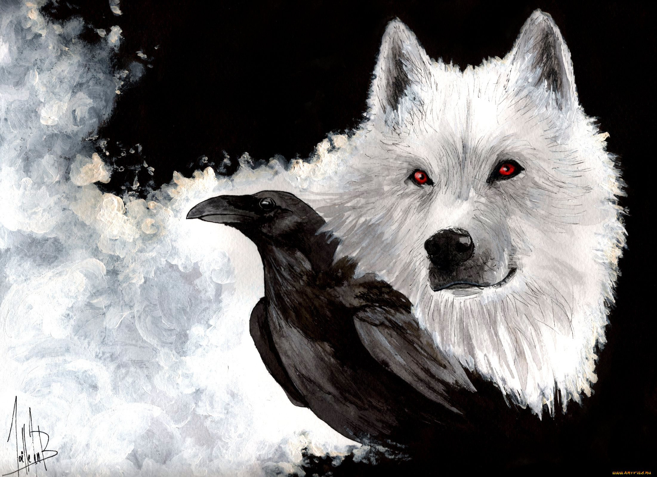 рисованные, животные, белый, волк, ghost, клюв, ворон, взгляд, snow