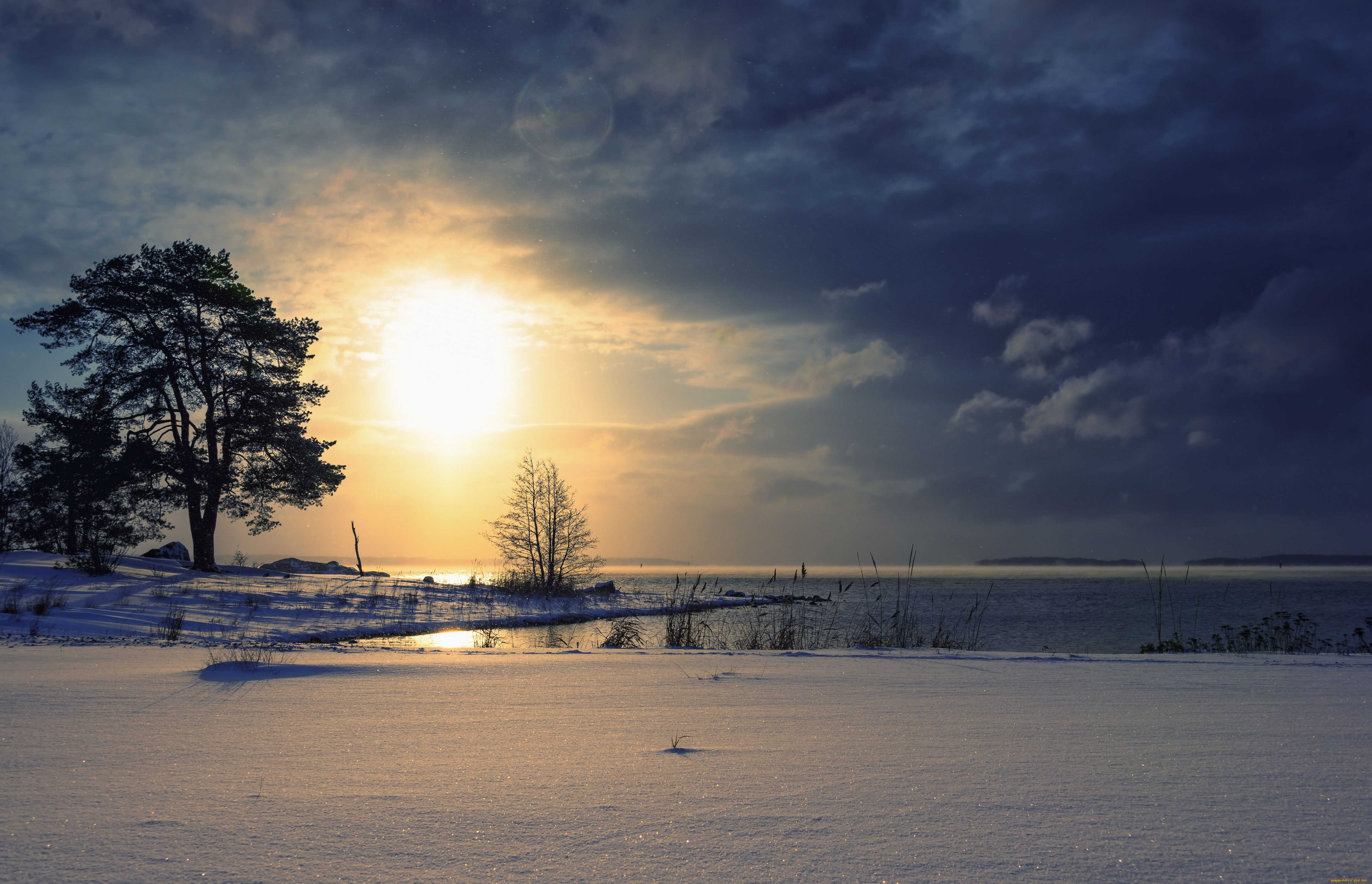природа, зима, снег, побережье, закат, балтийское, море, финляндия