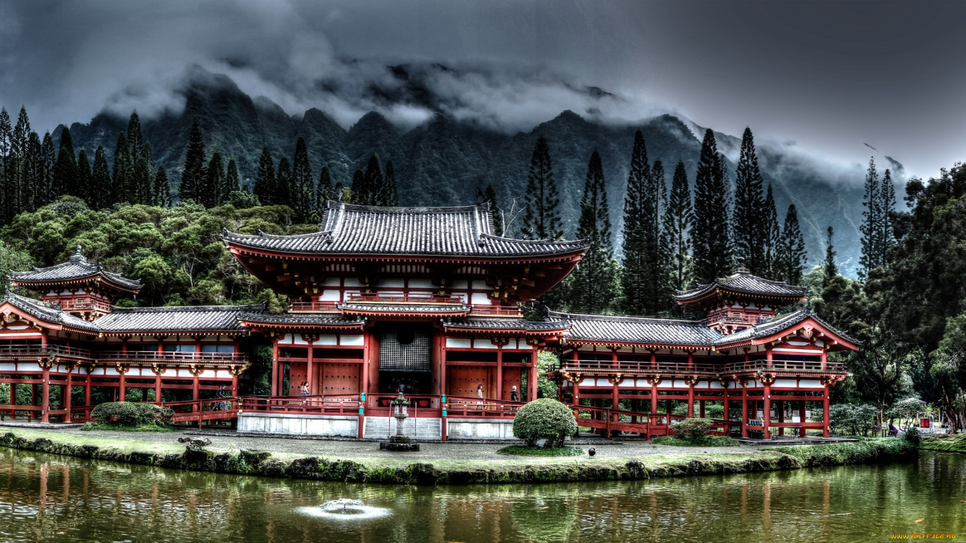 byodo-in, buddhist, temple, , hawaii, города, -, буддийские, и, другие, храмы, горы, лес, дымка, река, храм