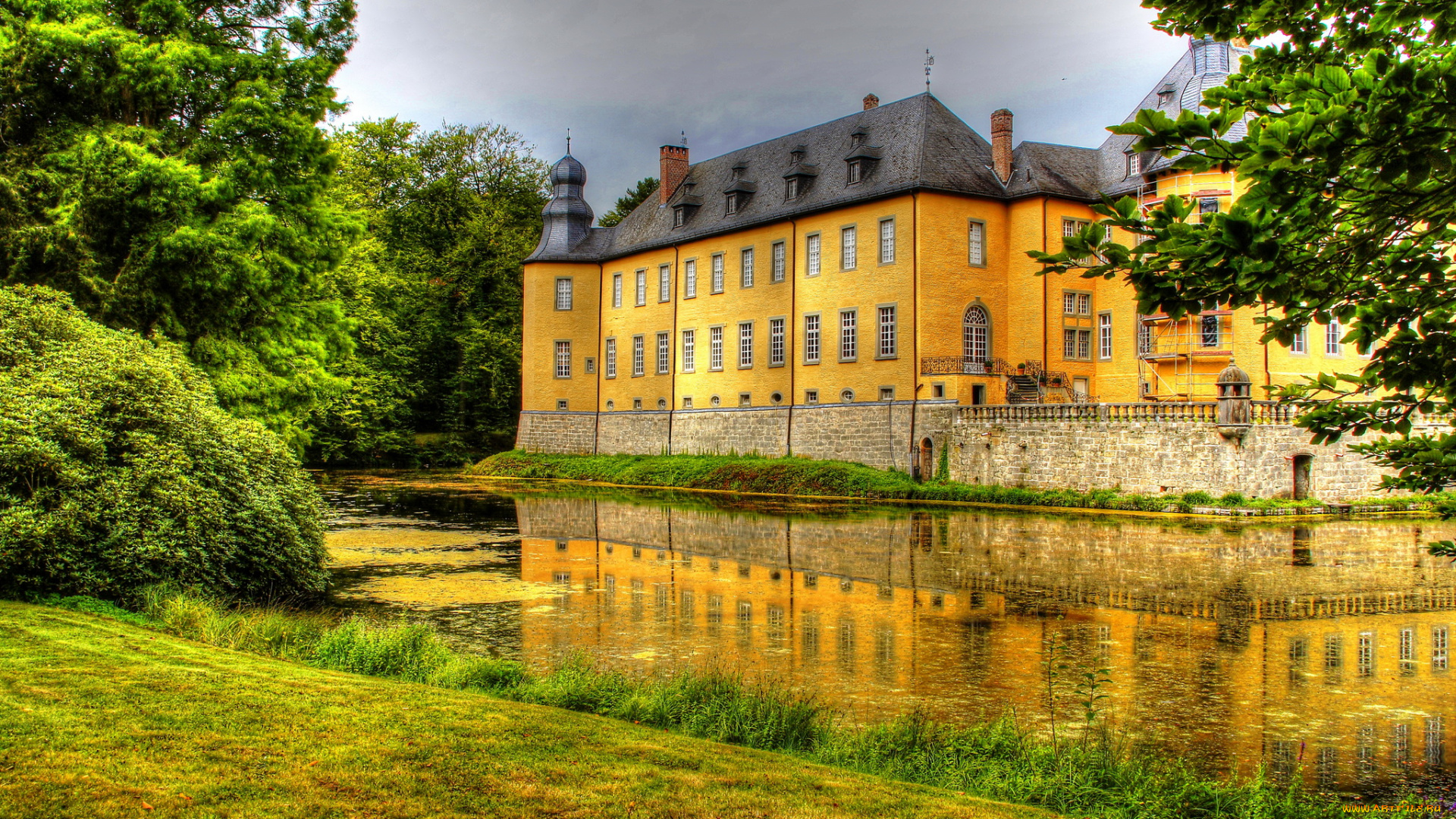 castle, , dyck, германия, города, -, дворцы, , замки, , крепости, трава, пруд, замок, германия, castle, dyck