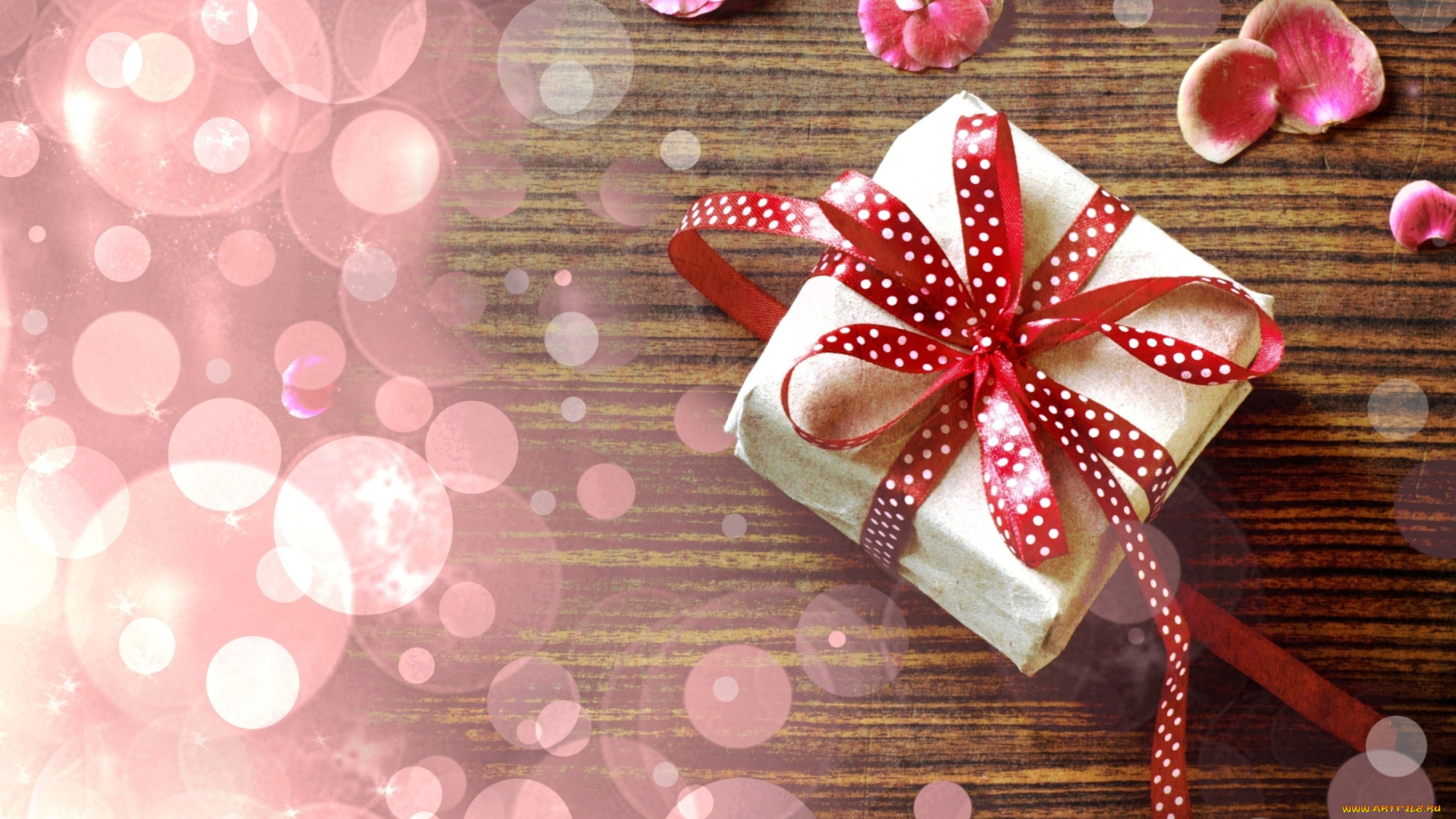 праздничные, подарки, и, коробочки, лента, боке, лепестки, розовые, подарок, цветы