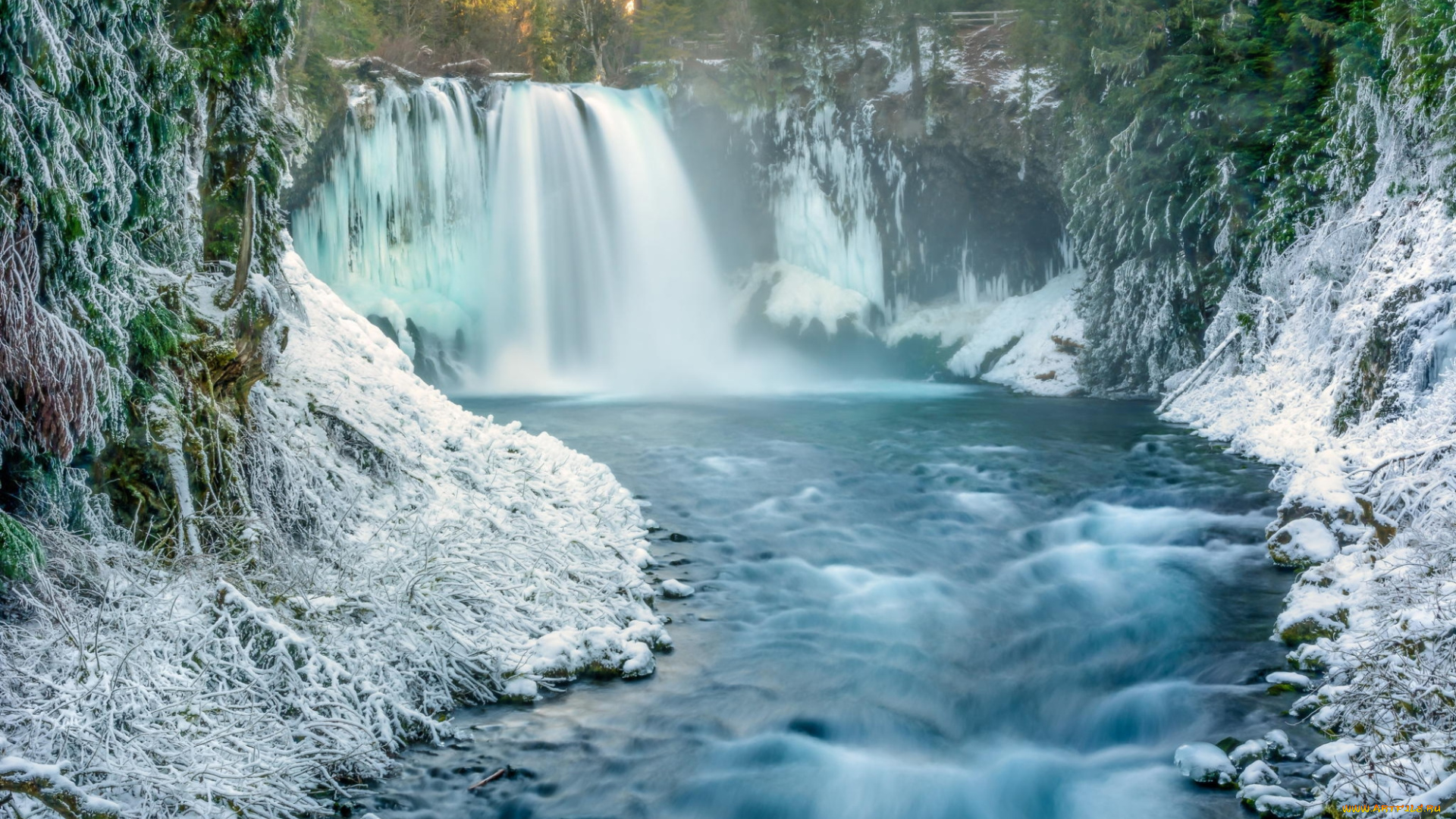 природа, водопады, лес, водопад, зима, река, утро, снег