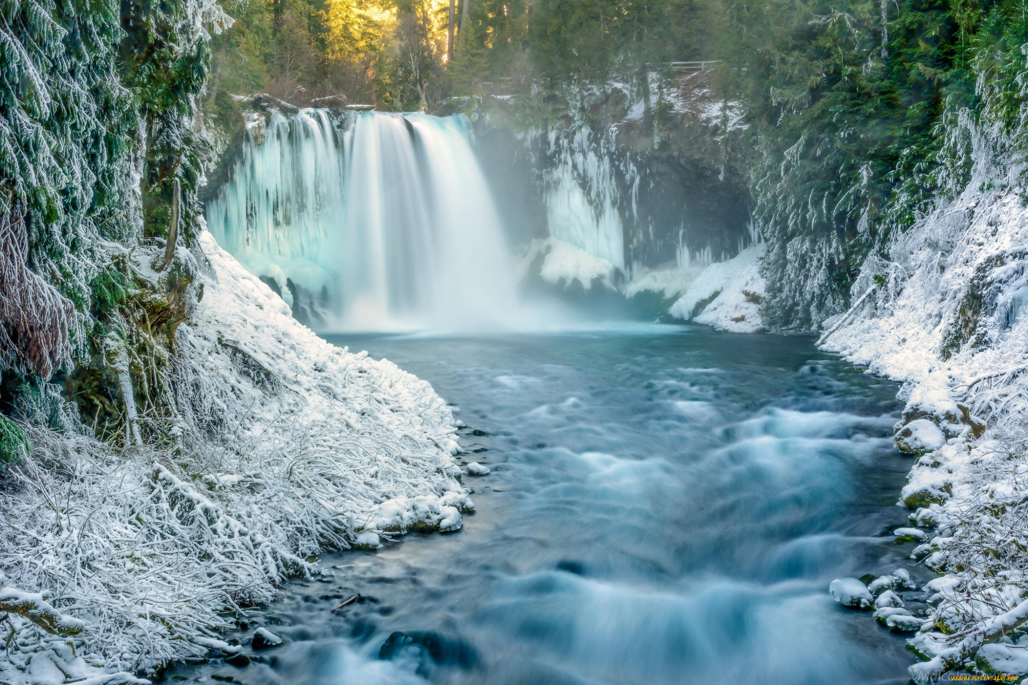 природа, водопады, лес, водопад, зима, река, утро, снег