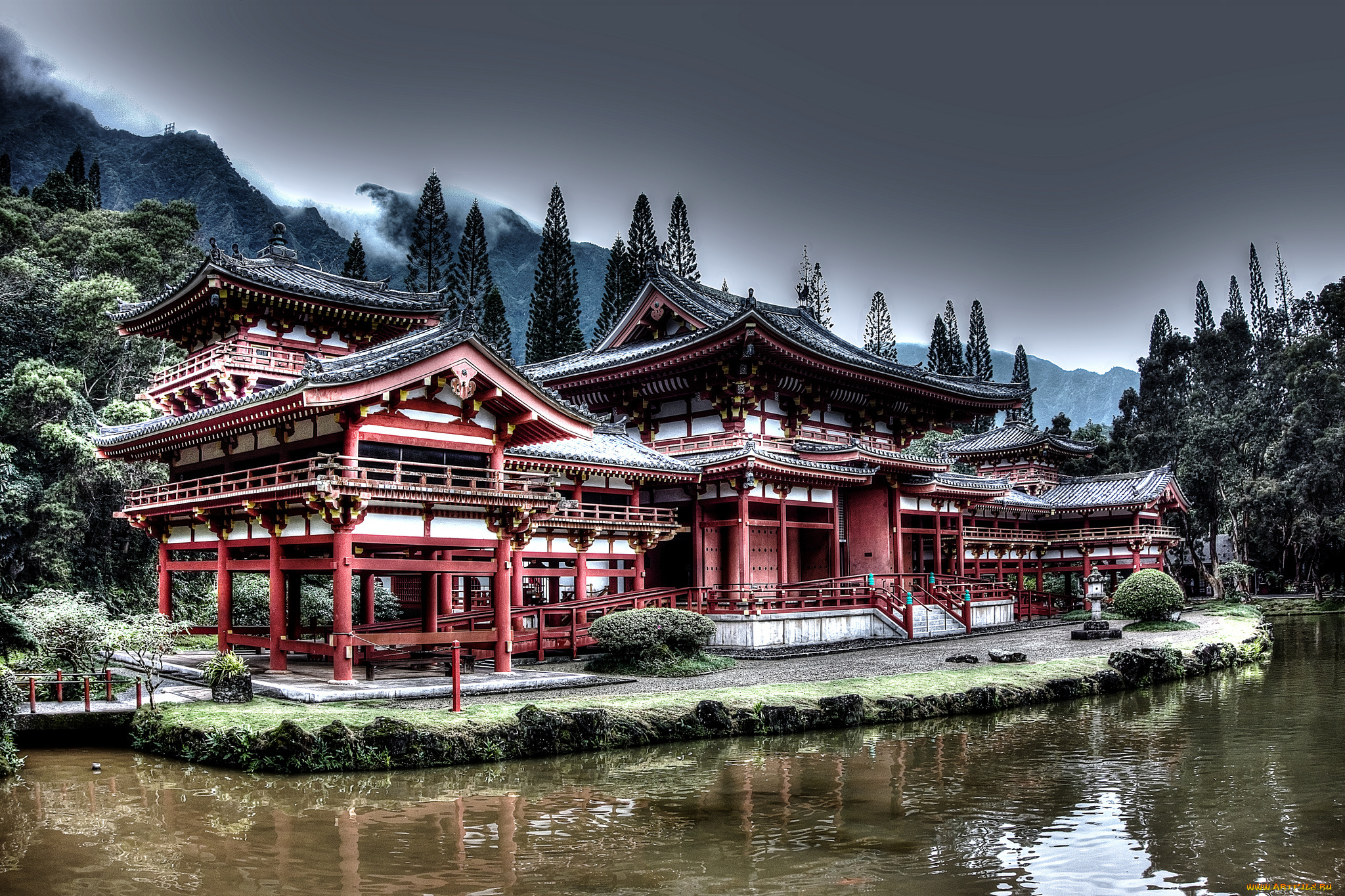 byodo-in, buddhist, temple, , hawaii, города, -, буддийские, и, другие, храмы, горы, лес, дымка, река, храм