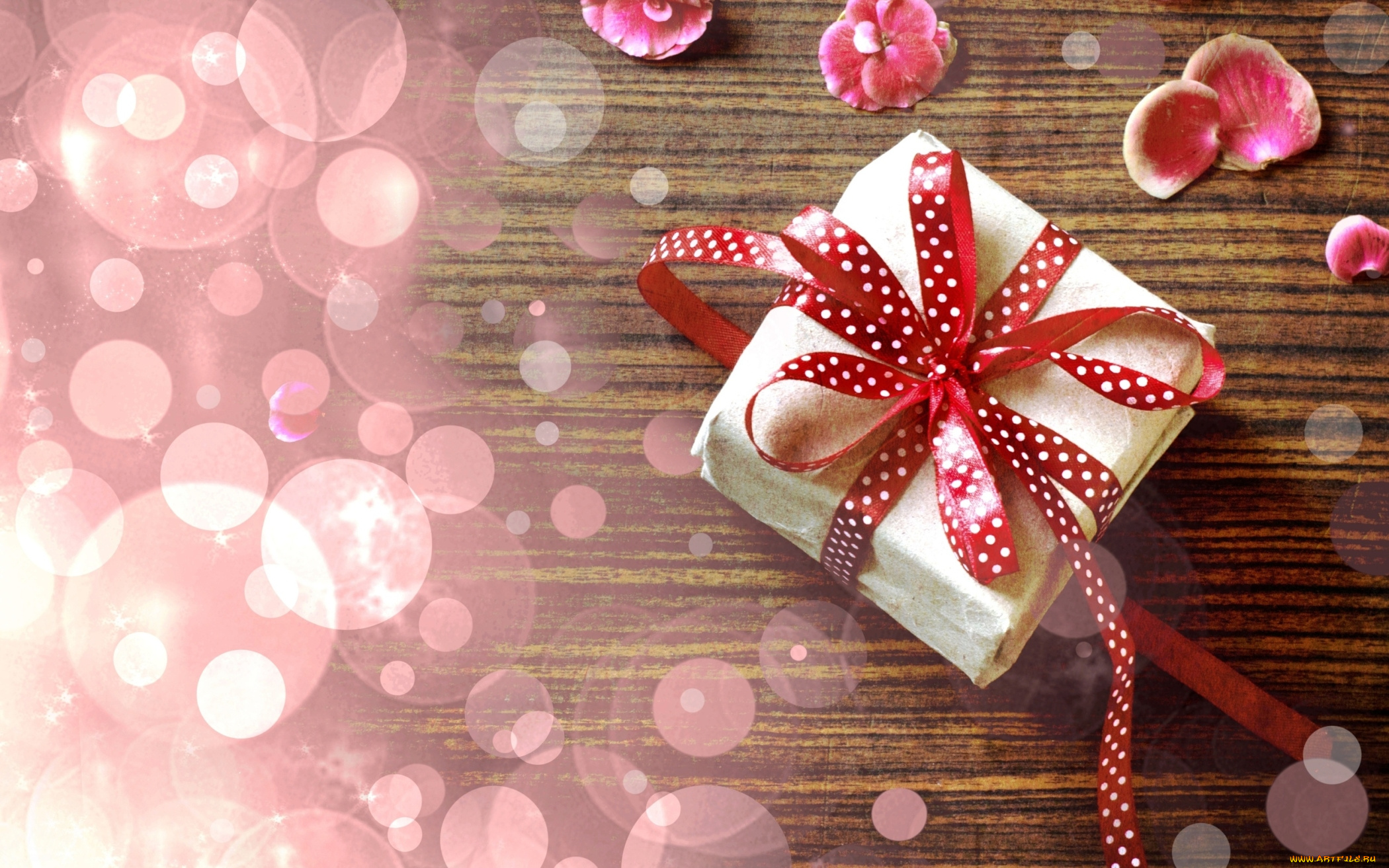 праздничные, подарки, и, коробочки, лента, боке, лепестки, розовые, подарок, цветы