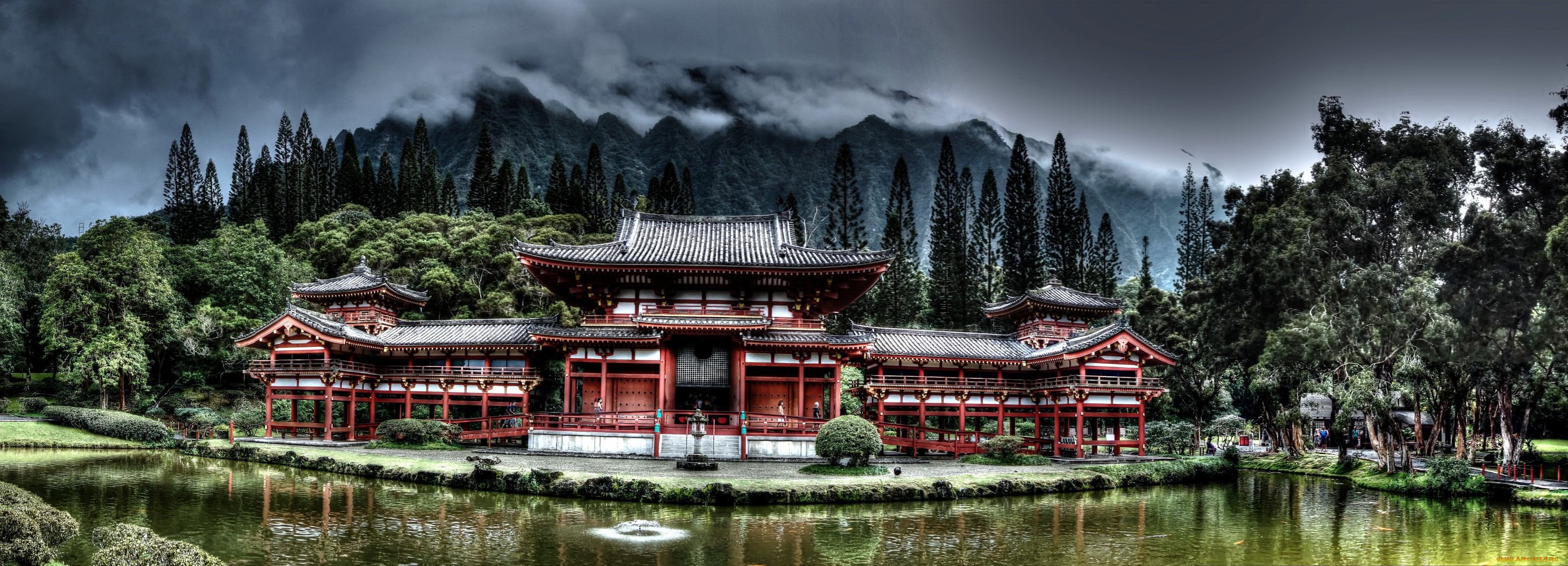 byodo-in, buddhist, temple, , hawaii, города, -, буддийские, и, другие, храмы, горы, лес, дымка, река, храм