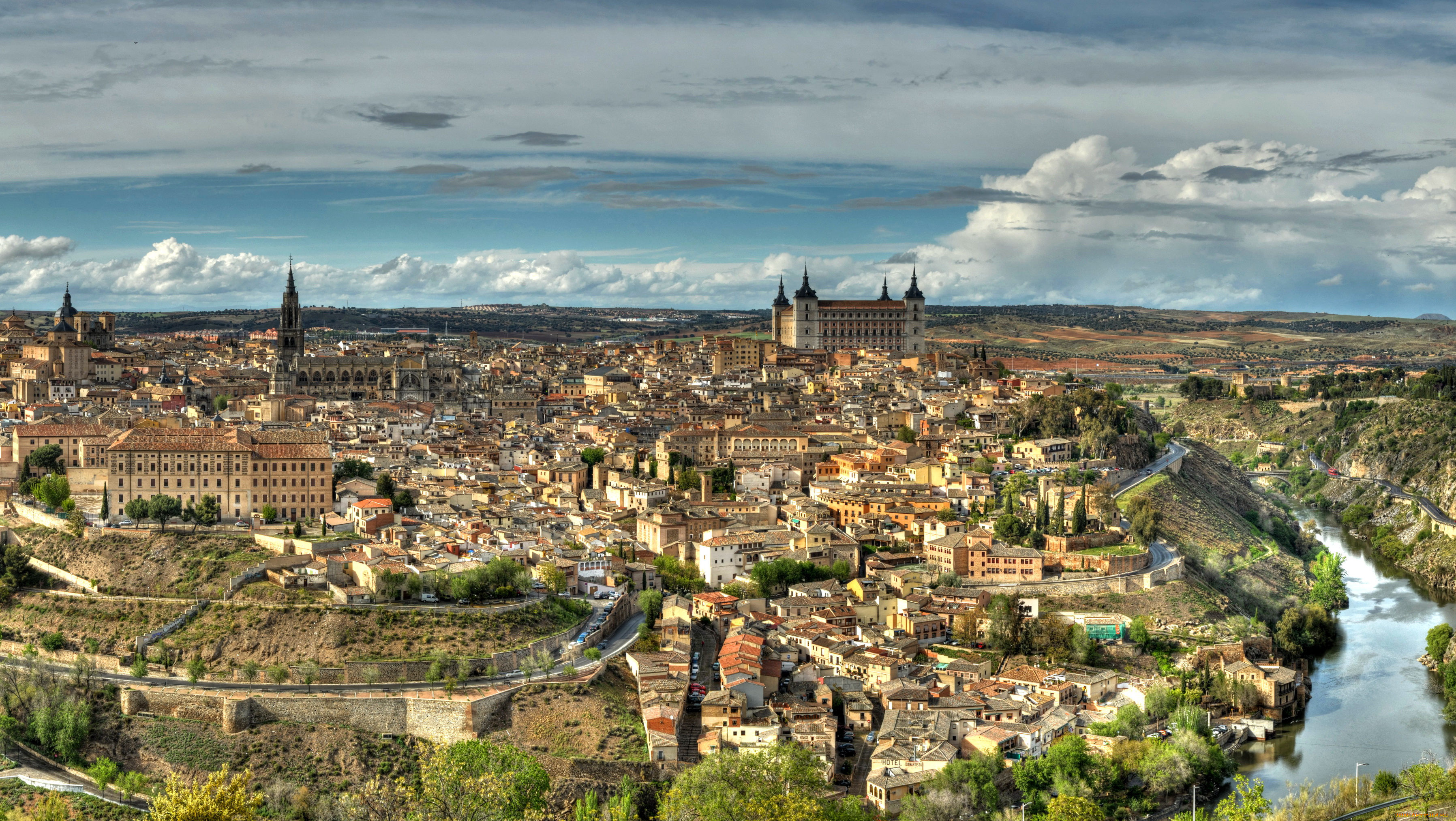 испания, , toledo, города, -, панорамы, испания, панорама, река, toledo, дома