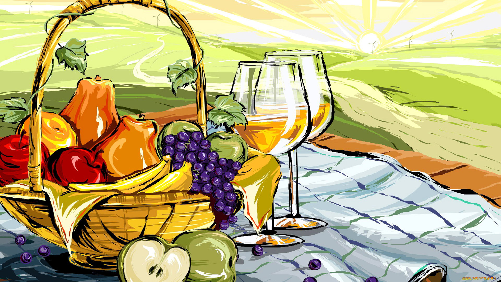 векторная, графика, еда, корзинка, виноград, груши, фрукты, яблоки, вектор, пейзаж, натюрморт, рисунок, вино, бокал