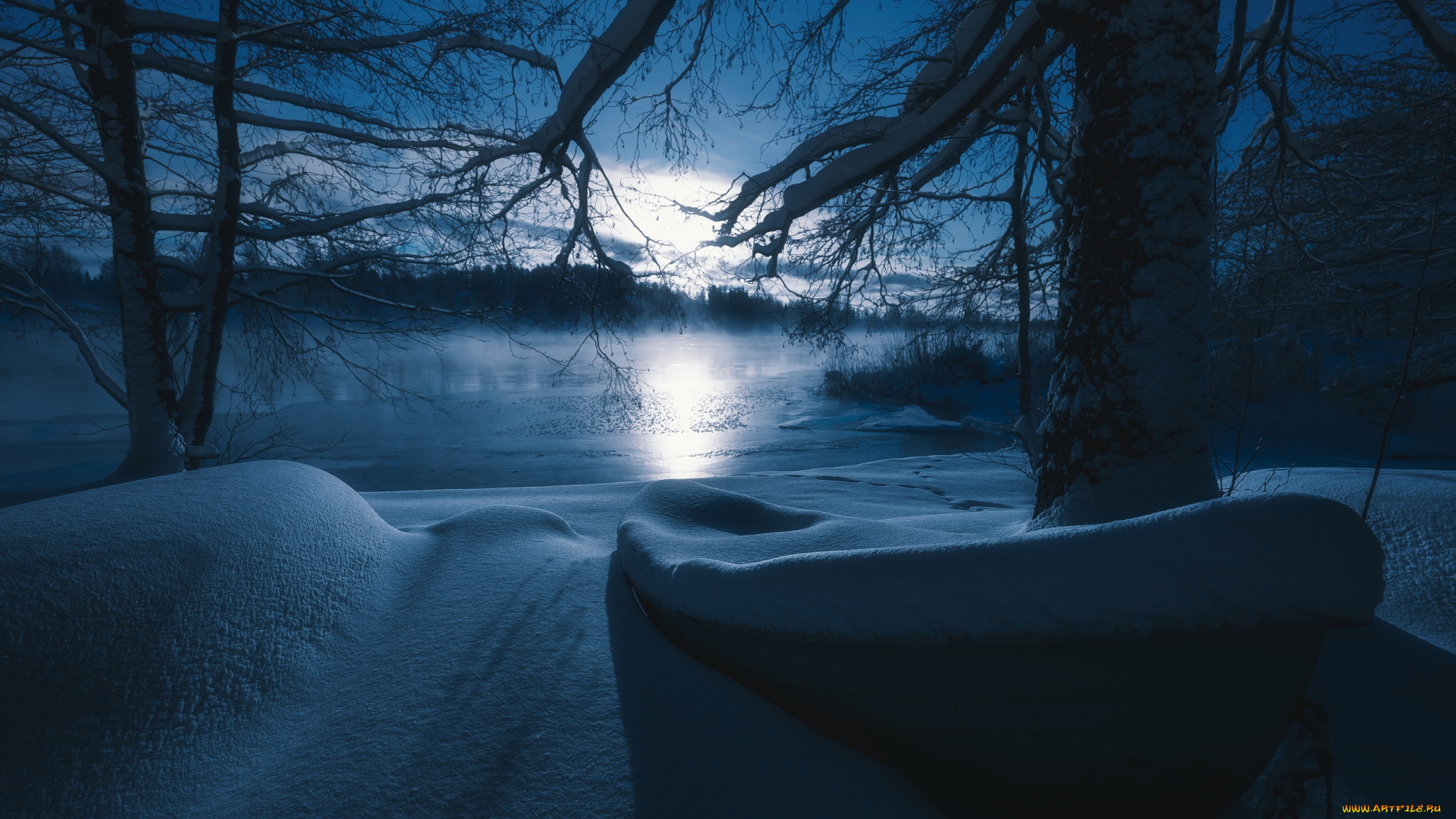 природа, реки, озера, финляндия, январская, ночь