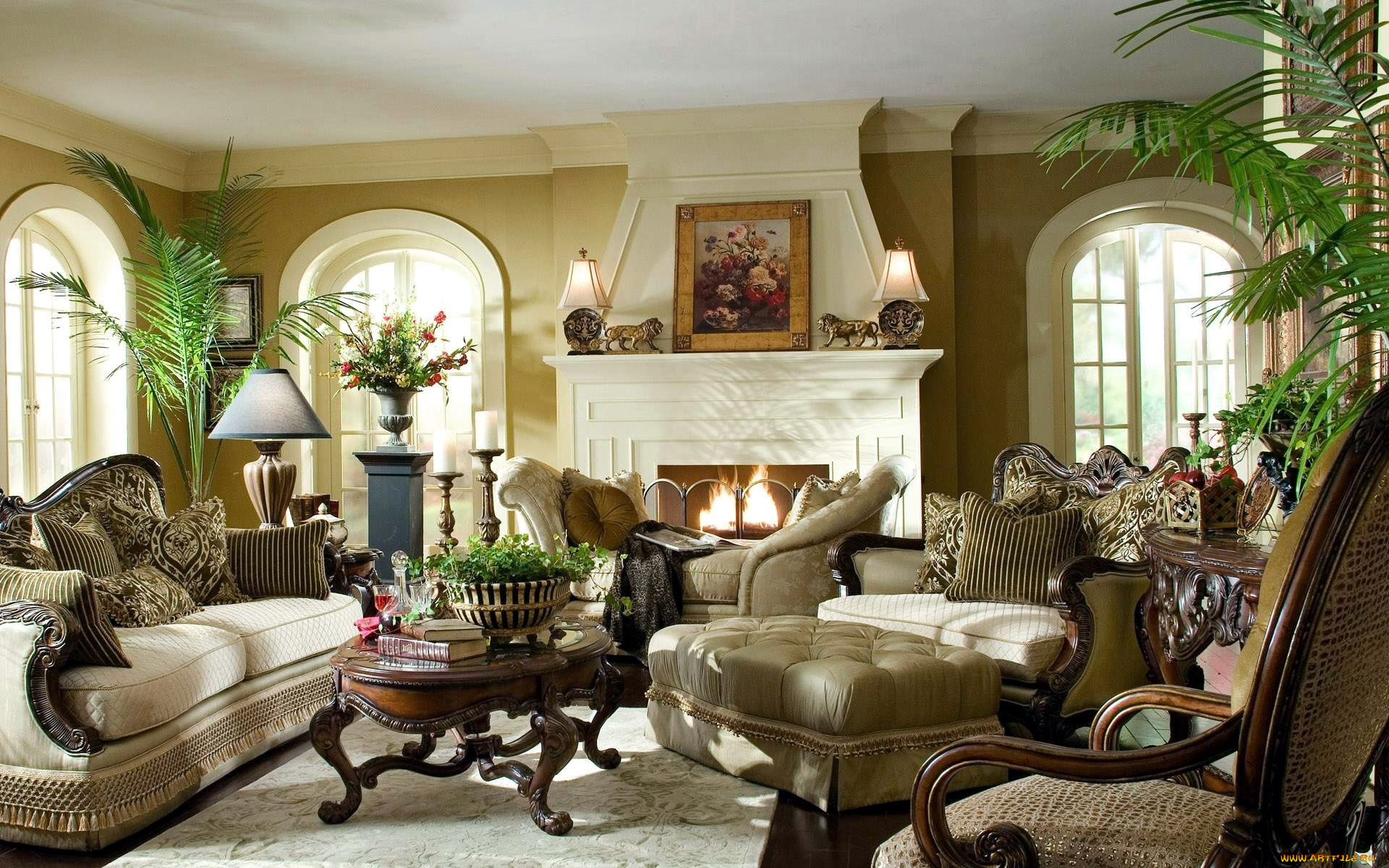интерьер, гостиная, диван, кресла, картина, камин