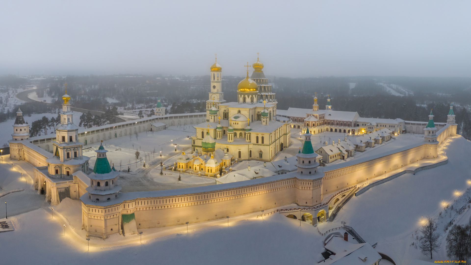 города, -, православные, церкви, , монастыри, новоиерусалимский, монастырь, московская, область, зима, снег, пoдcвeтка