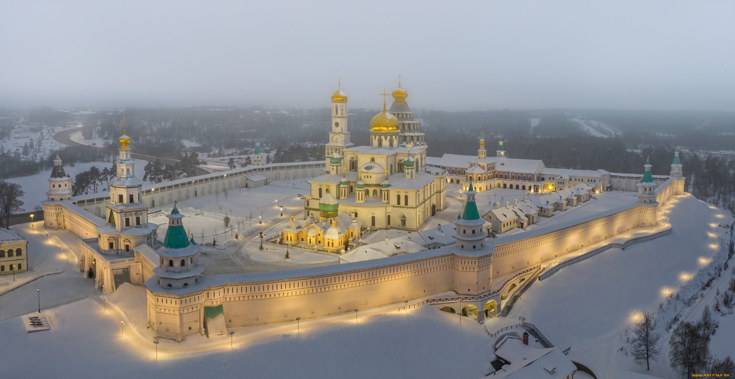 города, -, православные, церкви, , монастыри, новоиерусалимский, монастырь, московская, область, зима, снег, пoдcвeтка