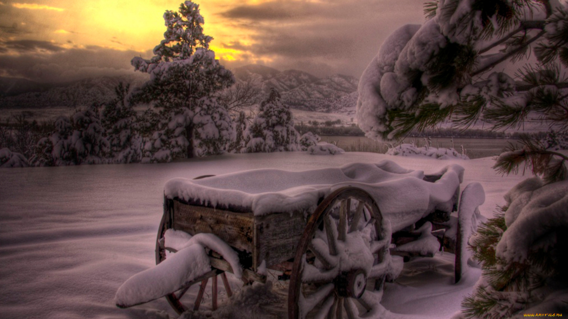 winter, природа, зима, пейзаж, закат, снег
