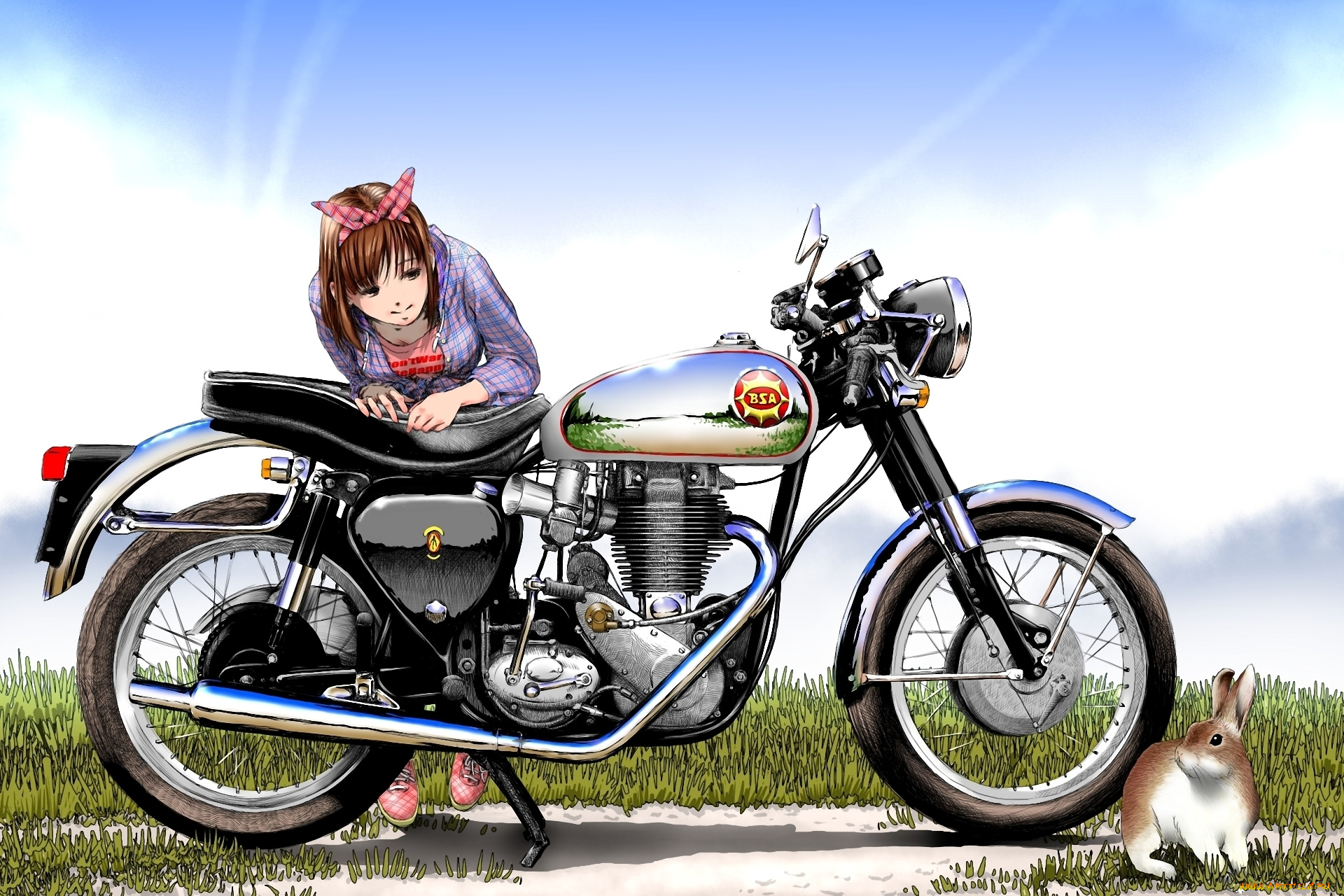 аниме, weapon, blood, technology, девушка, мотоцикл, заяц
