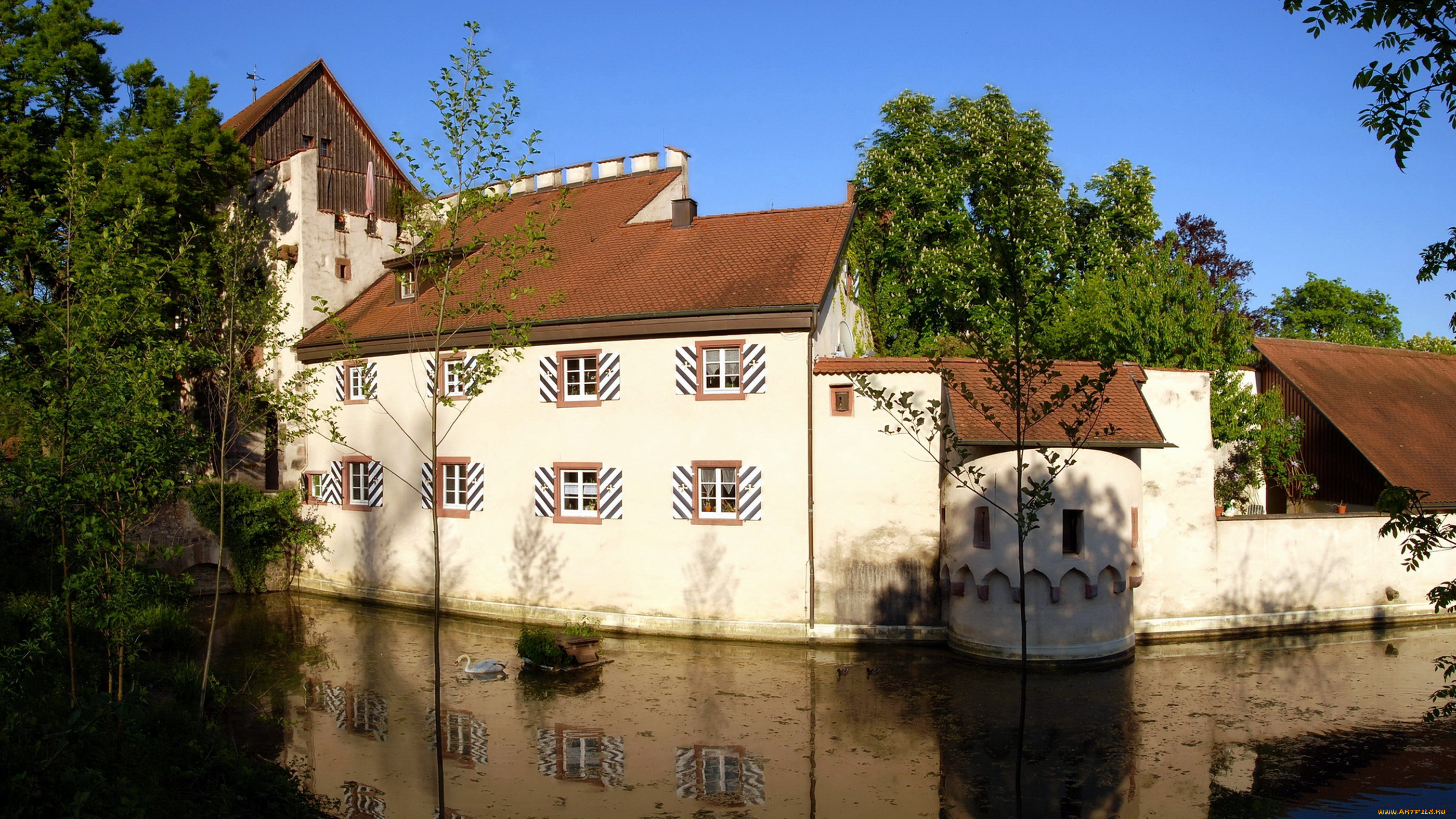 germany, castle, beuggen, города, дворцы, замки, крепости, замок, водоем, деревья, лебедь