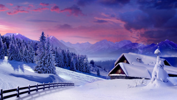 обоя природа, зима, снег, забор, дом