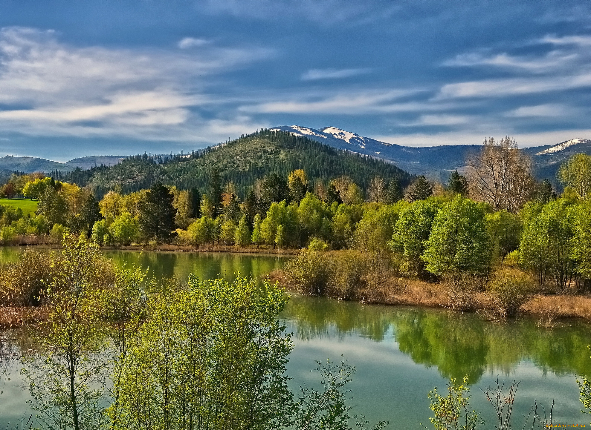 coeur, d`alene, river, природа, реки, озера, весна, река, пейзаж, деревья, горы, dalene