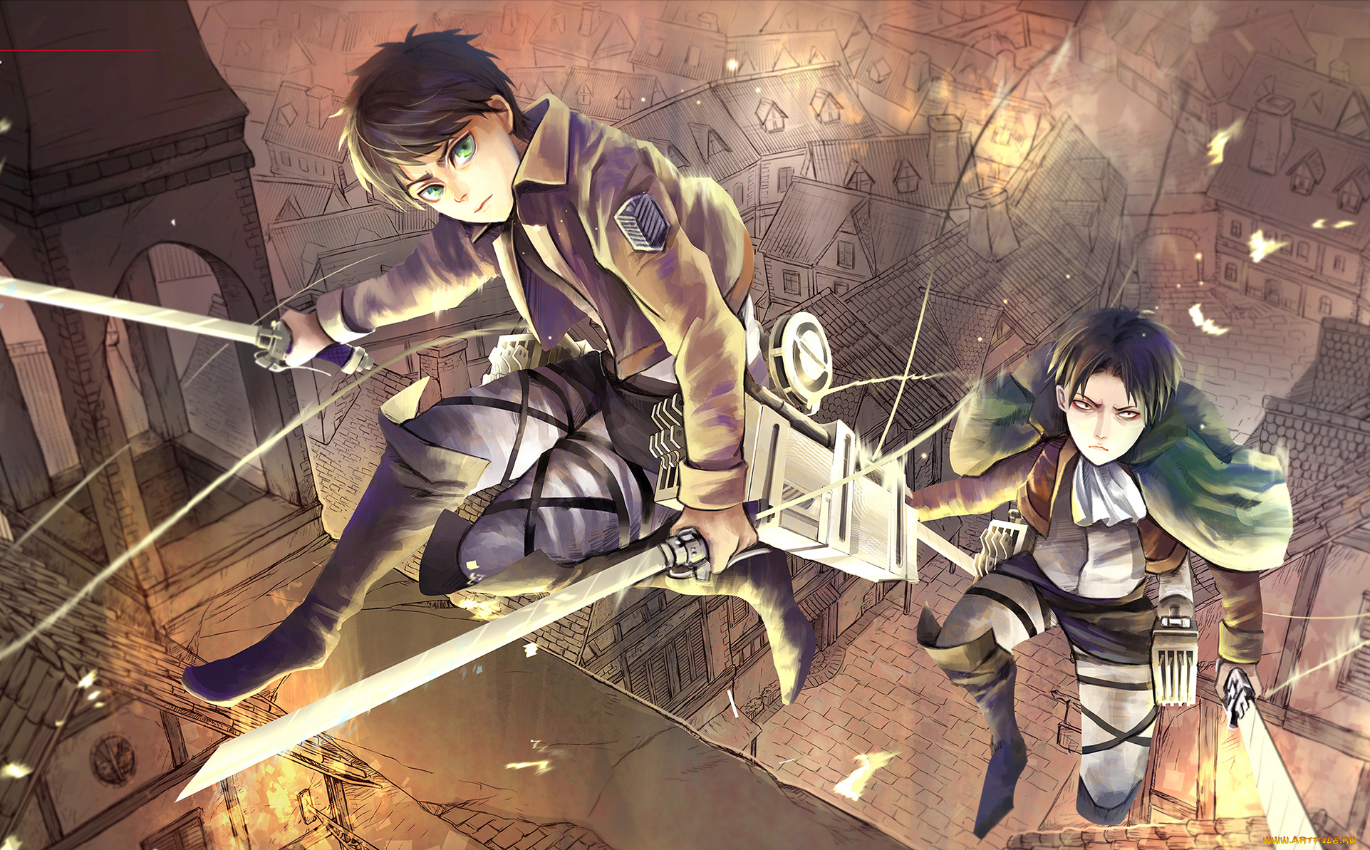 аниме, shingeki, no, kyojin, shingeki, no, kyojin, attack, on, titan, крыши, оружие, парни, levi, rivaille, eren, jaeger