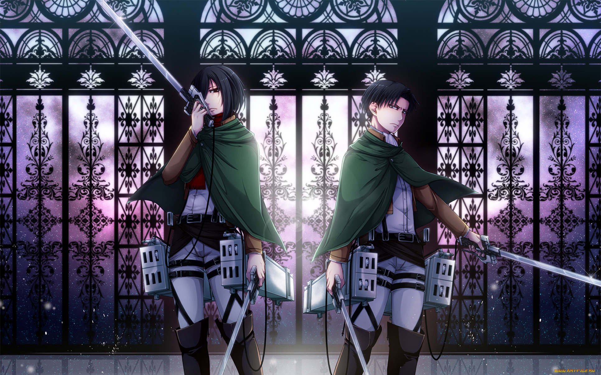 аниме, shingeki, no, kyojin, attack, on, titan, shingeki, no, kyojin, mikasa, ackerman, rivaille, levi, парень, девушка, двое, оружие