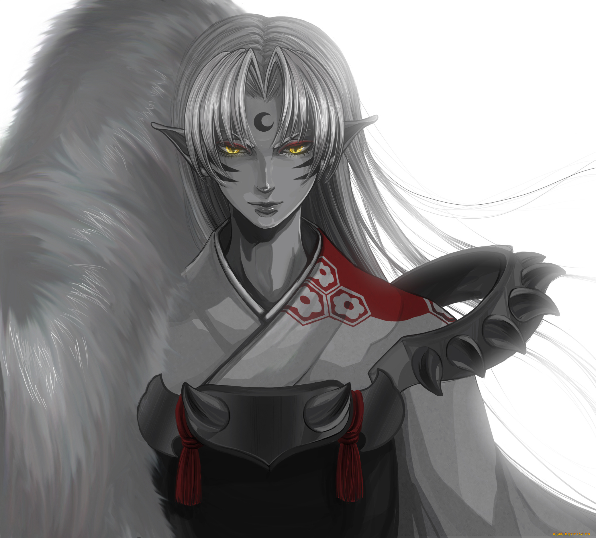 аниме, inuyasha, sesshomaru, парень, татуировка, месяц, мех, уши, шипы, рисунок