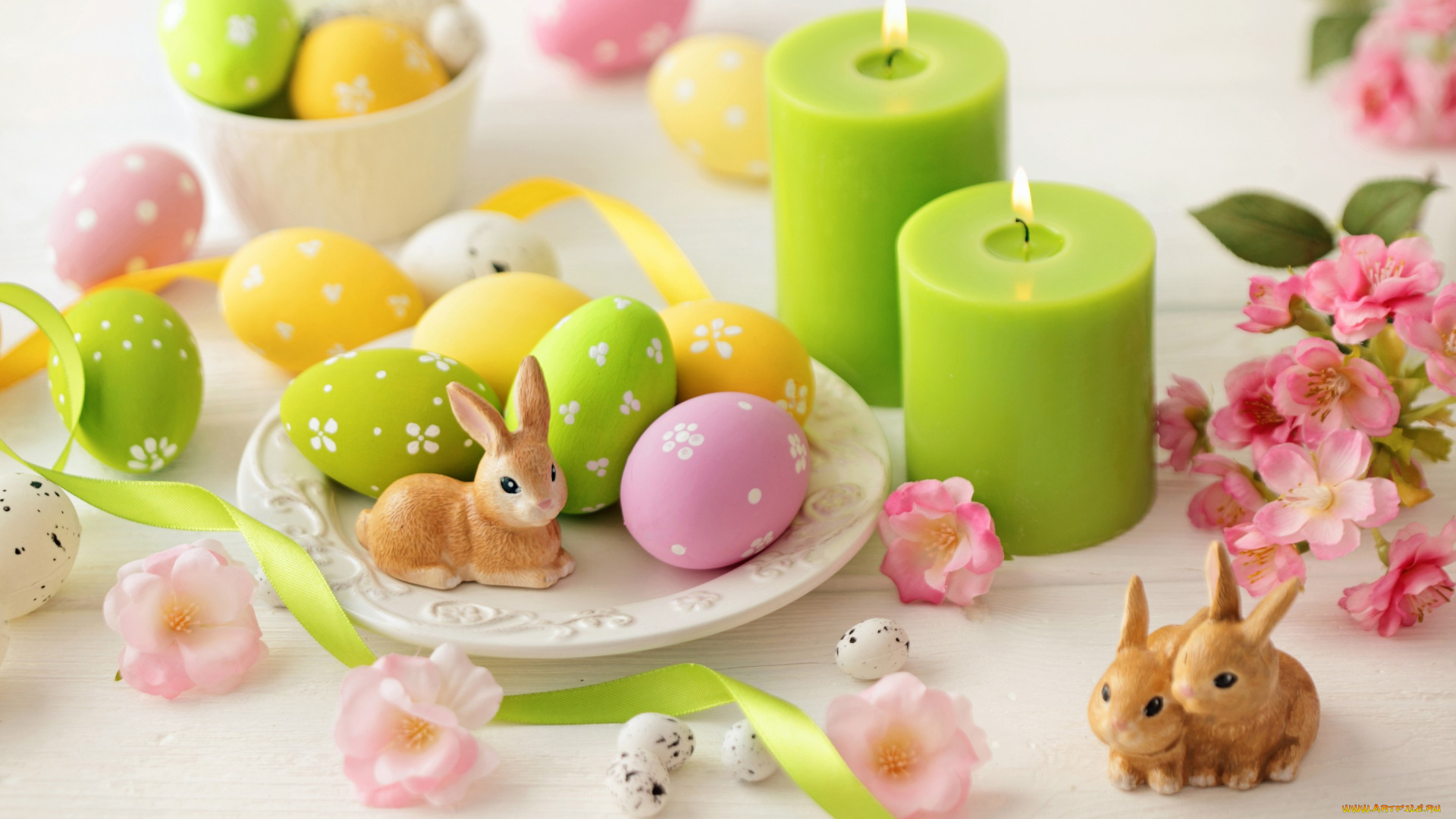 праздничные, пасха, flowers, eggs, easter, свечи, кролики, ленты, цветы, яйца