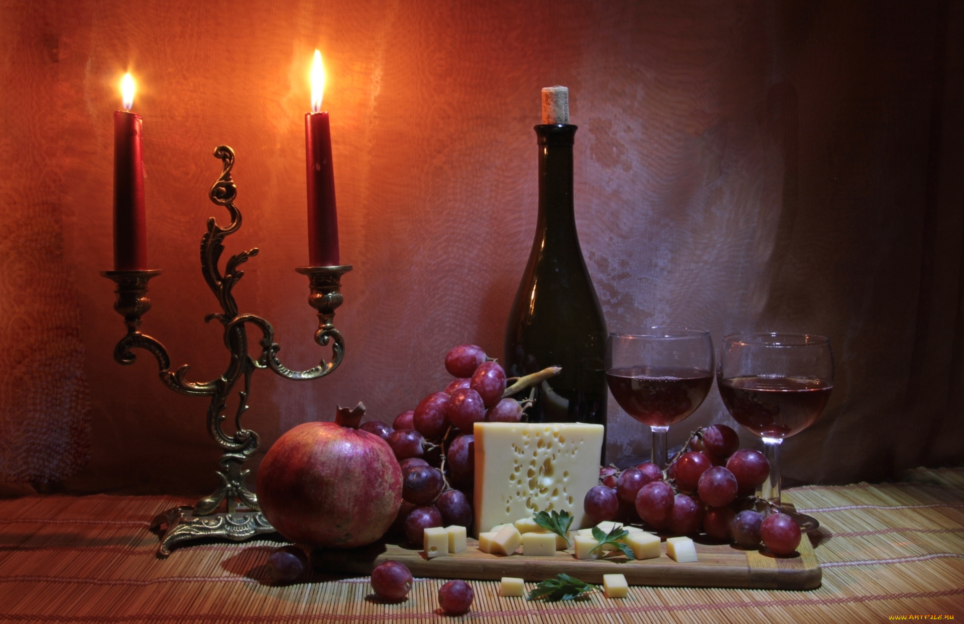 еда, натюрморт, бутылка, виноград, гранат, сыр, свечи, бокалы, вино