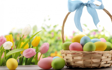 Картинка праздничные пасха spring eggs easter яйца flowers тюльпаны цветы бант лента корзина