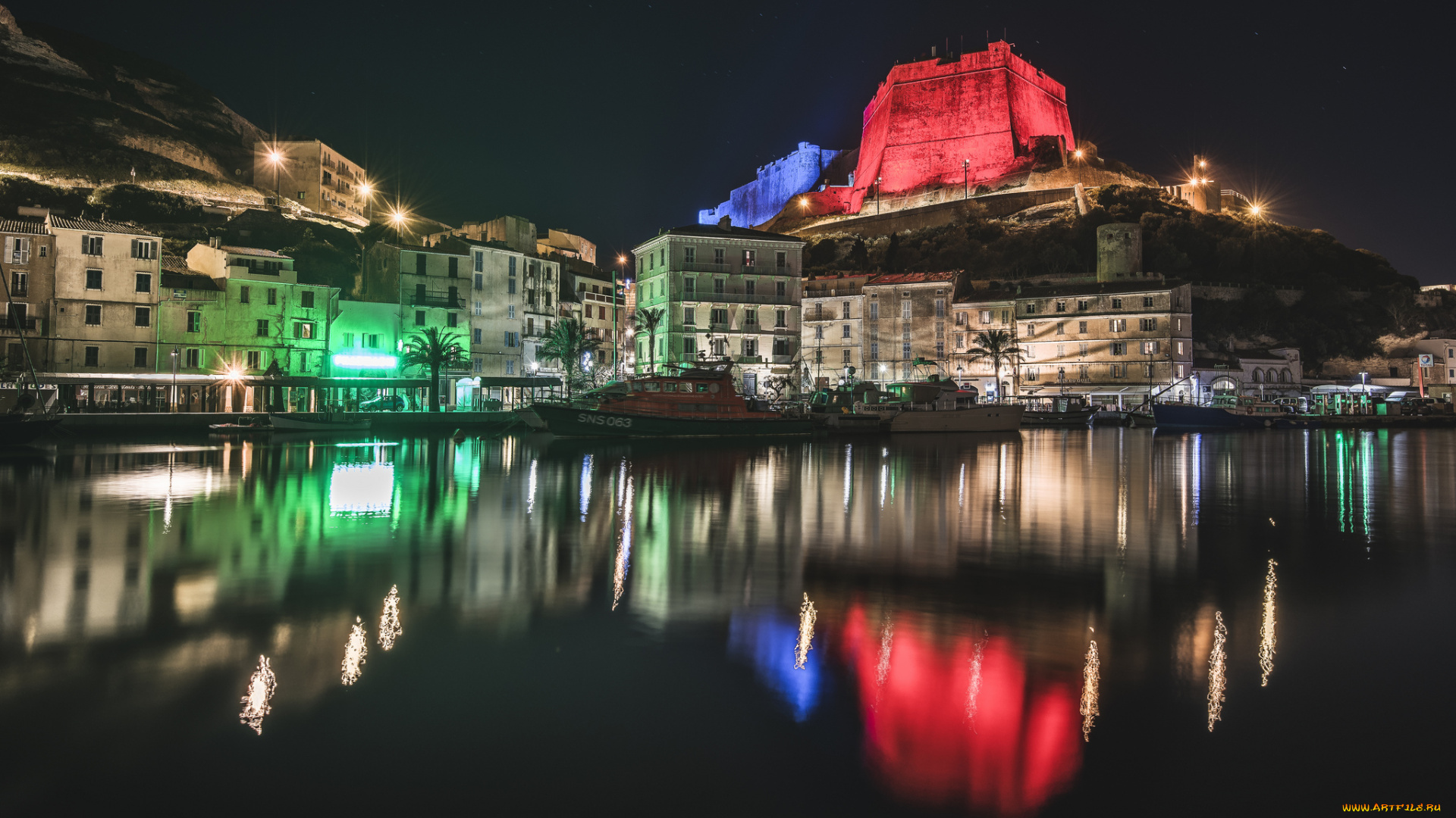 bonifacio, , corsica, города, -, огни, ночного, города, огни, ночь, море