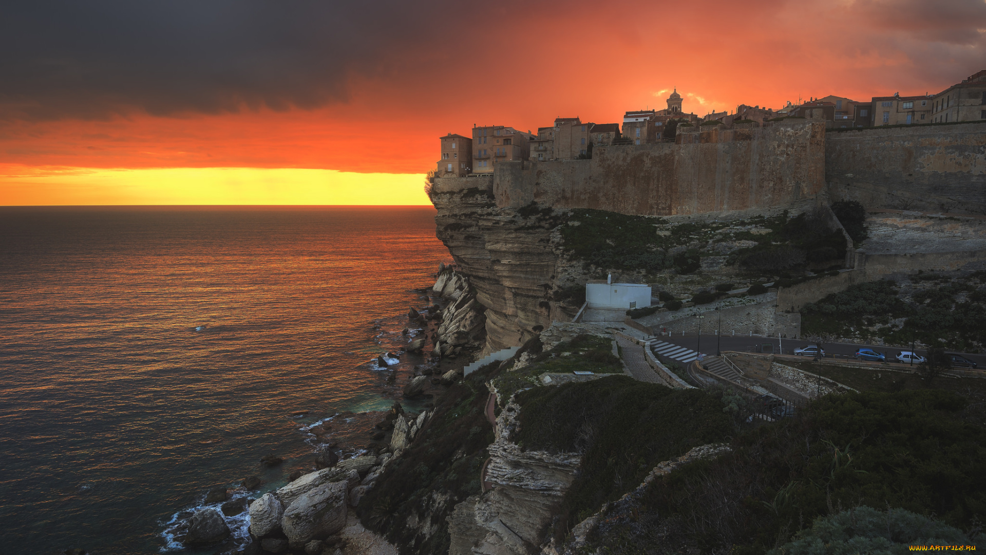 bunifazziu, , , corsica, города, -, пейзажи, рассвет, скала, море