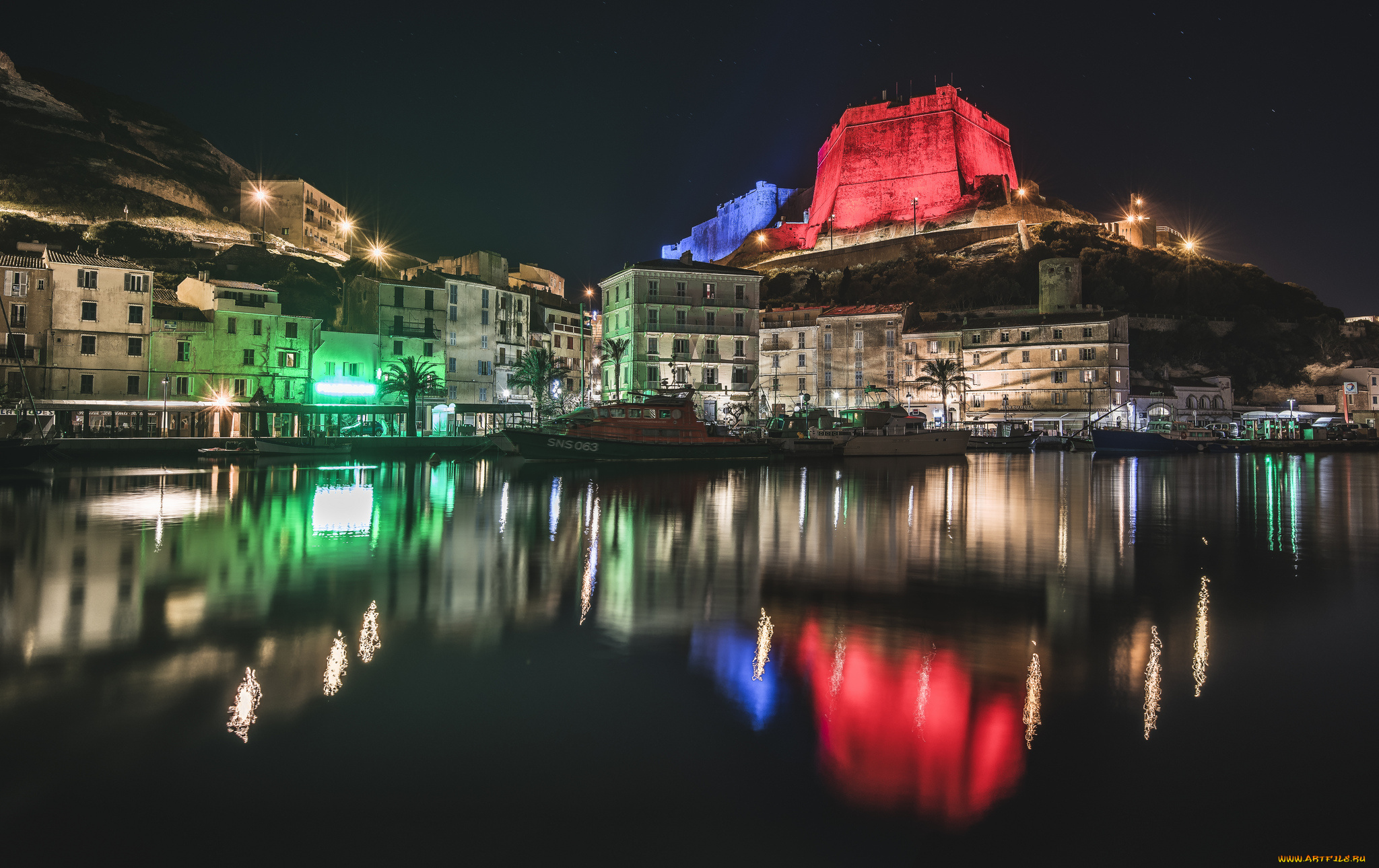 bonifacio, , corsica, города, -, огни, ночного, города, огни, ночь, море