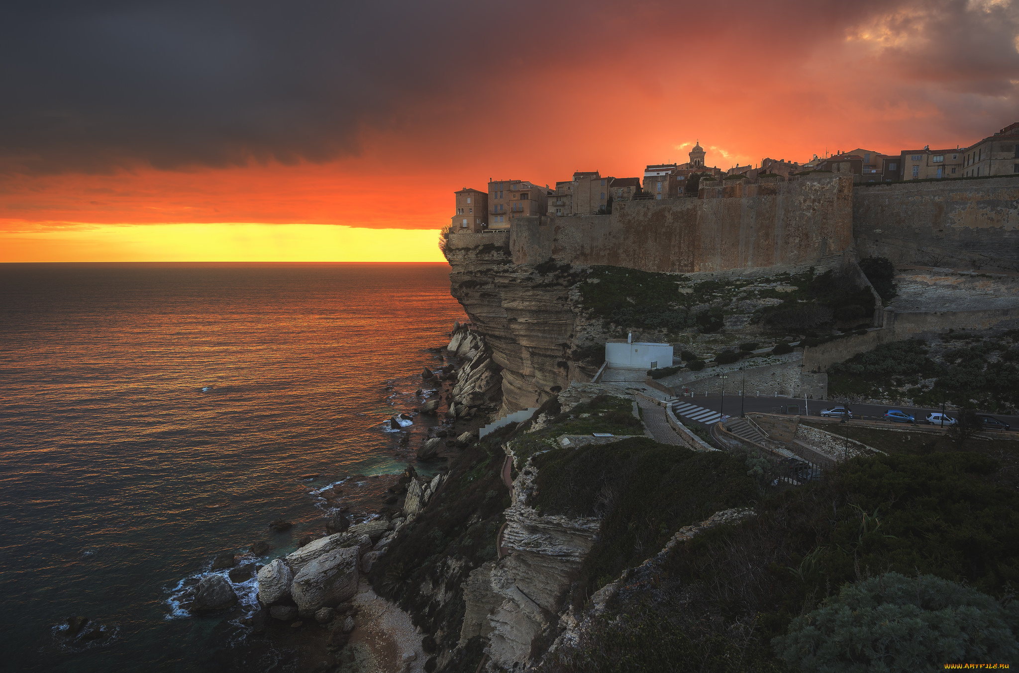 bunifazziu, , , corsica, города, -, пейзажи, рассвет, скала, море