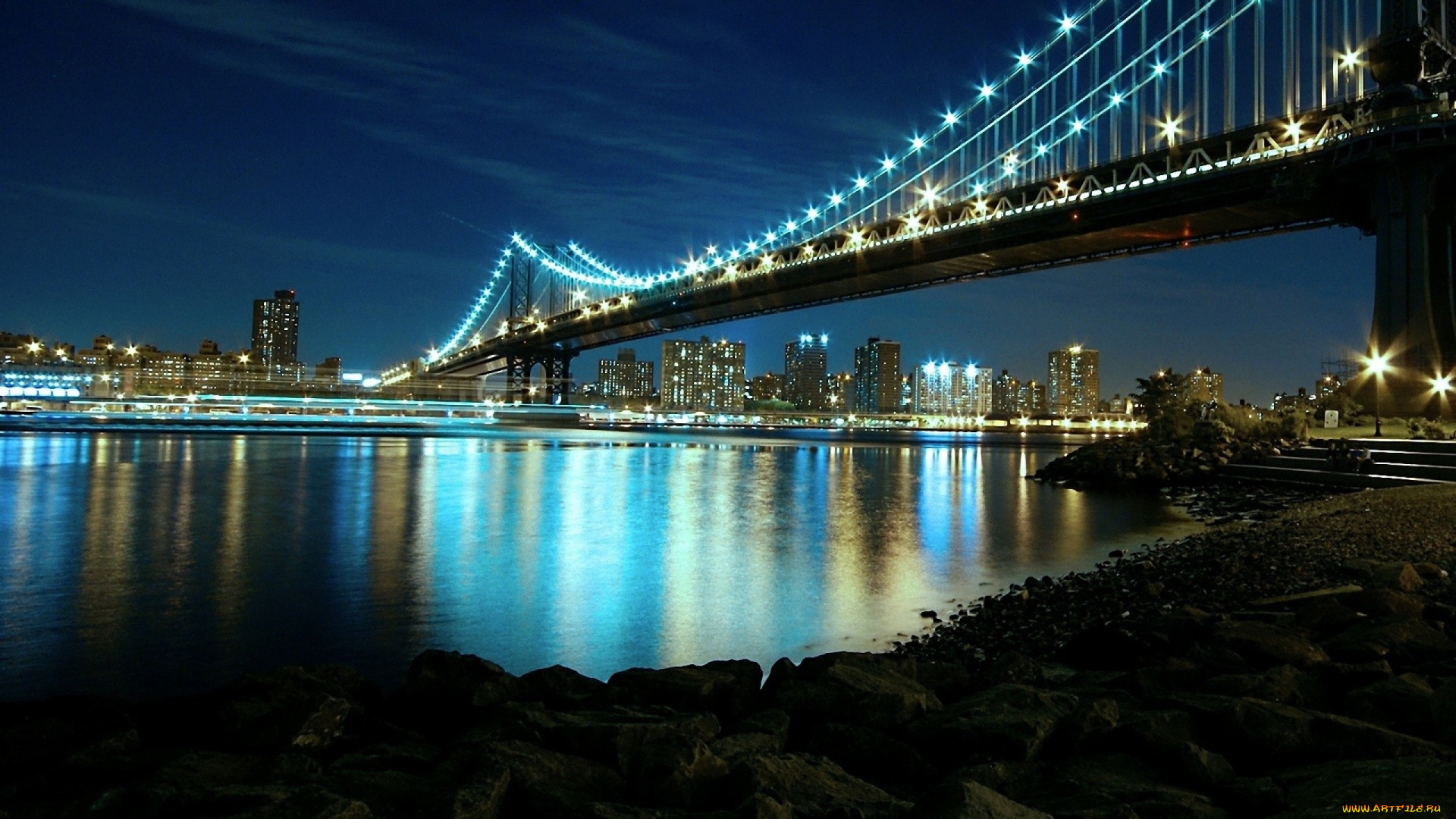 manhattan, bridge, города, нью, йорк, сша, огни, мост, ночь
