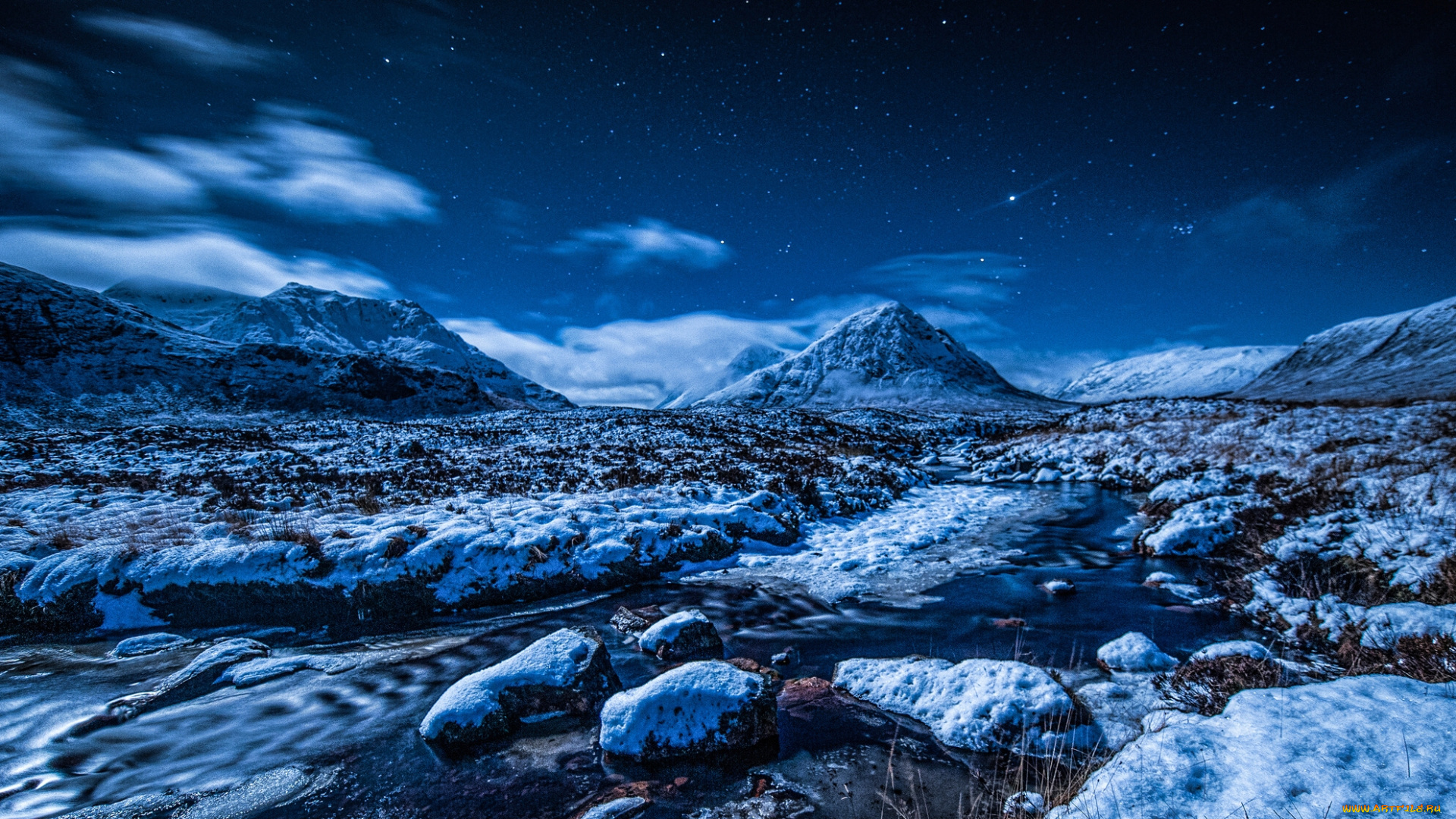 природа, горы, buachaille, etive, mor, stob, dearg, scotland, шотландия, ручей, зима