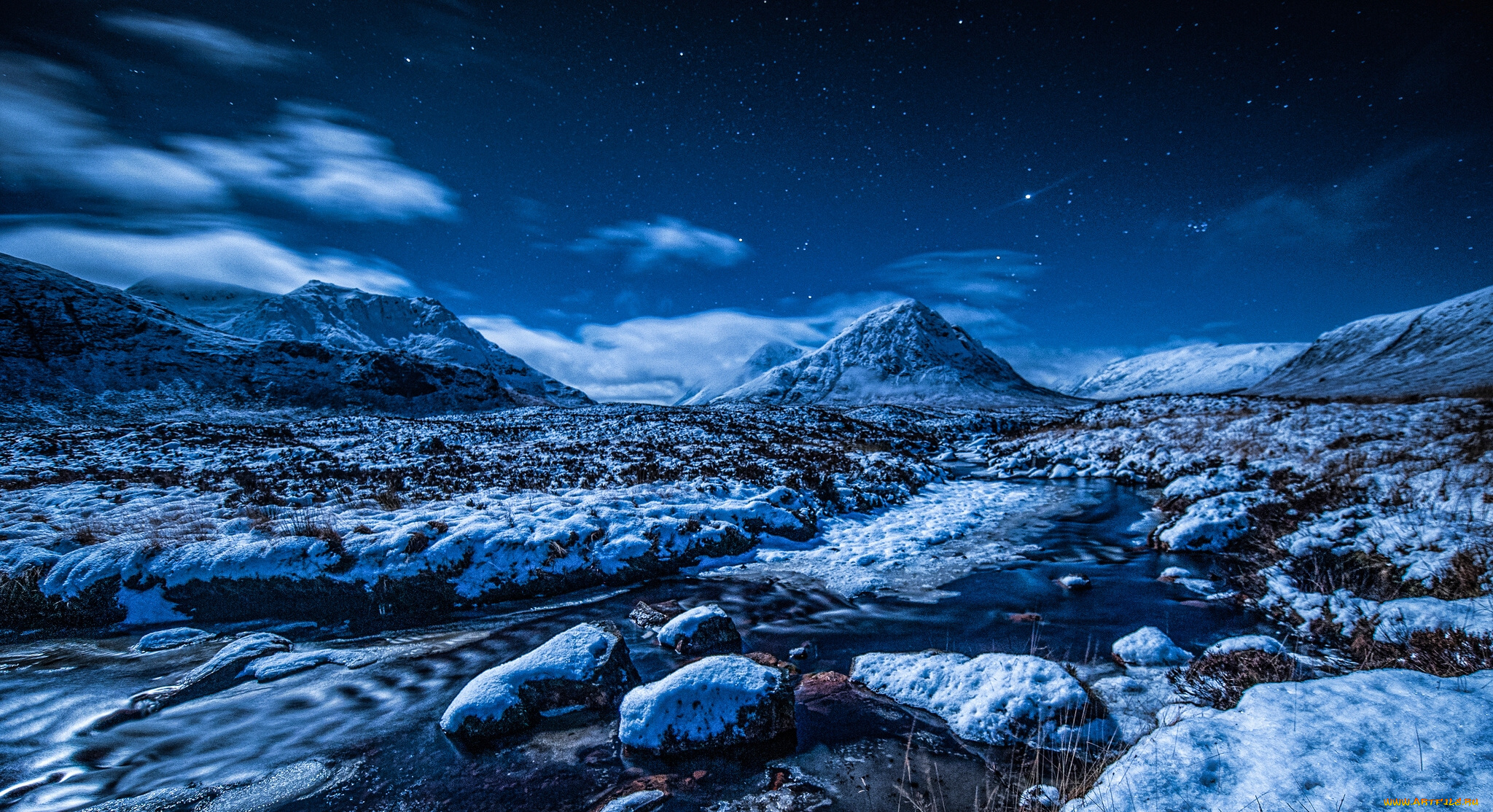 природа, горы, buachaille, etive, mor, stob, dearg, scotland, шотландия, ручей, зима