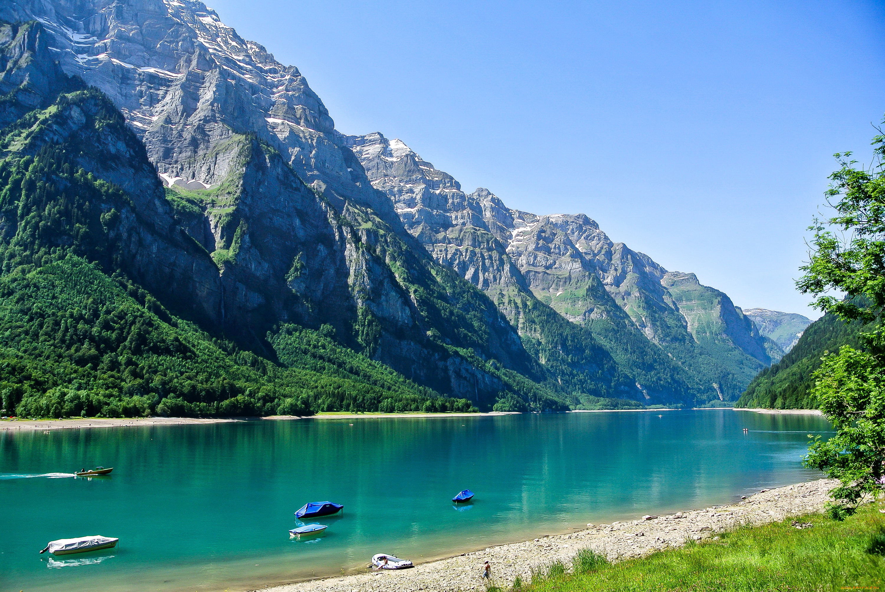 природа, реки, озера, пейзаж, катера, озеро, швейцария, горы