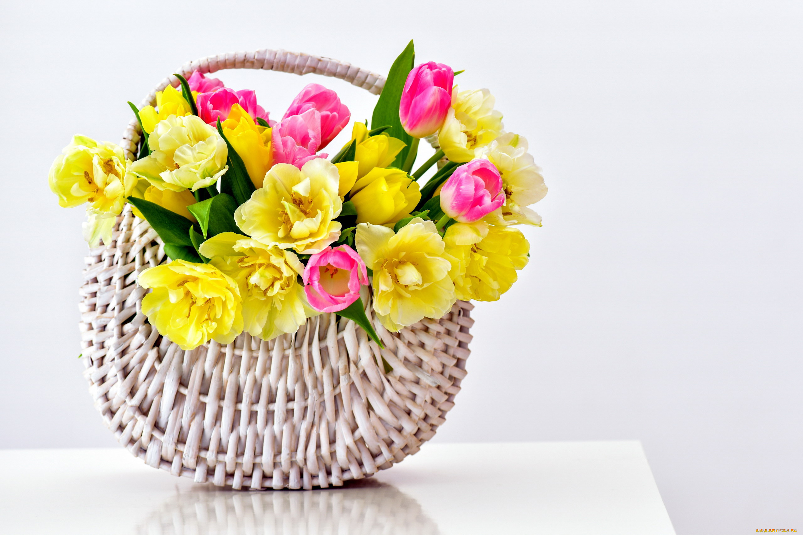 цветы, тюльпаны, корзинка, желтые, розовые