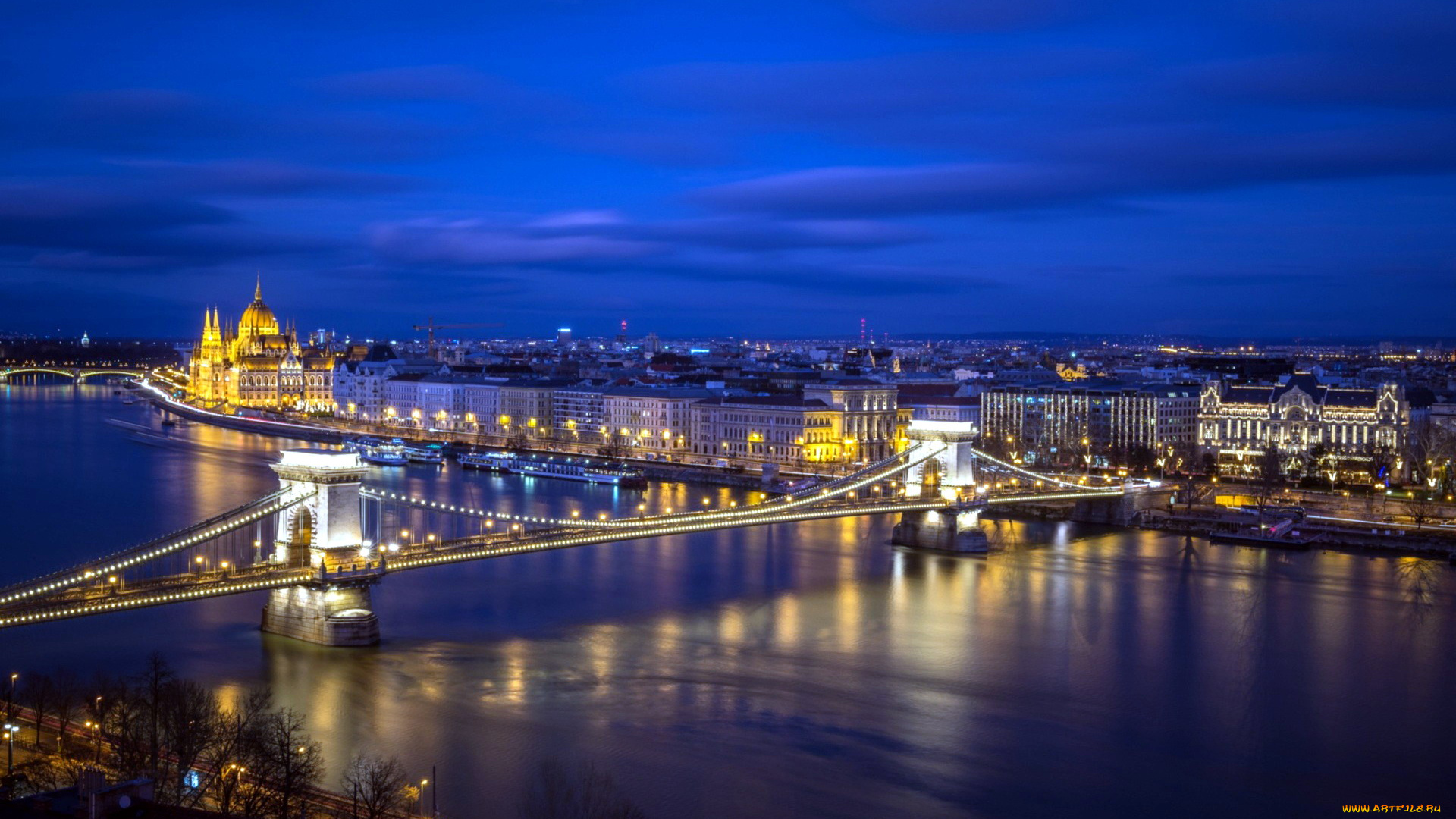 города, будапешт, , венгрия, вечер, мост, огни
