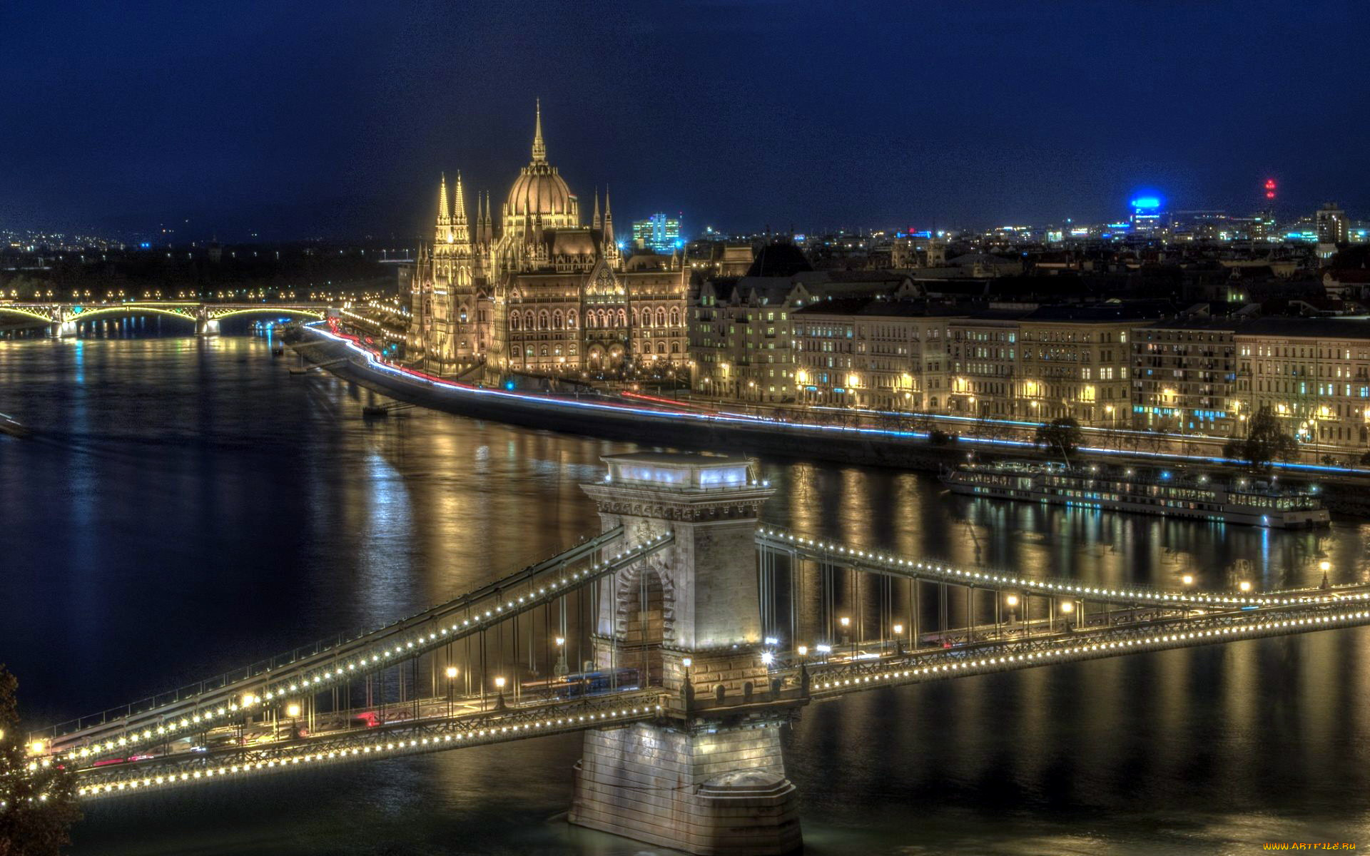 города, будапешт, , венгрия, огни, река, вечер, мост