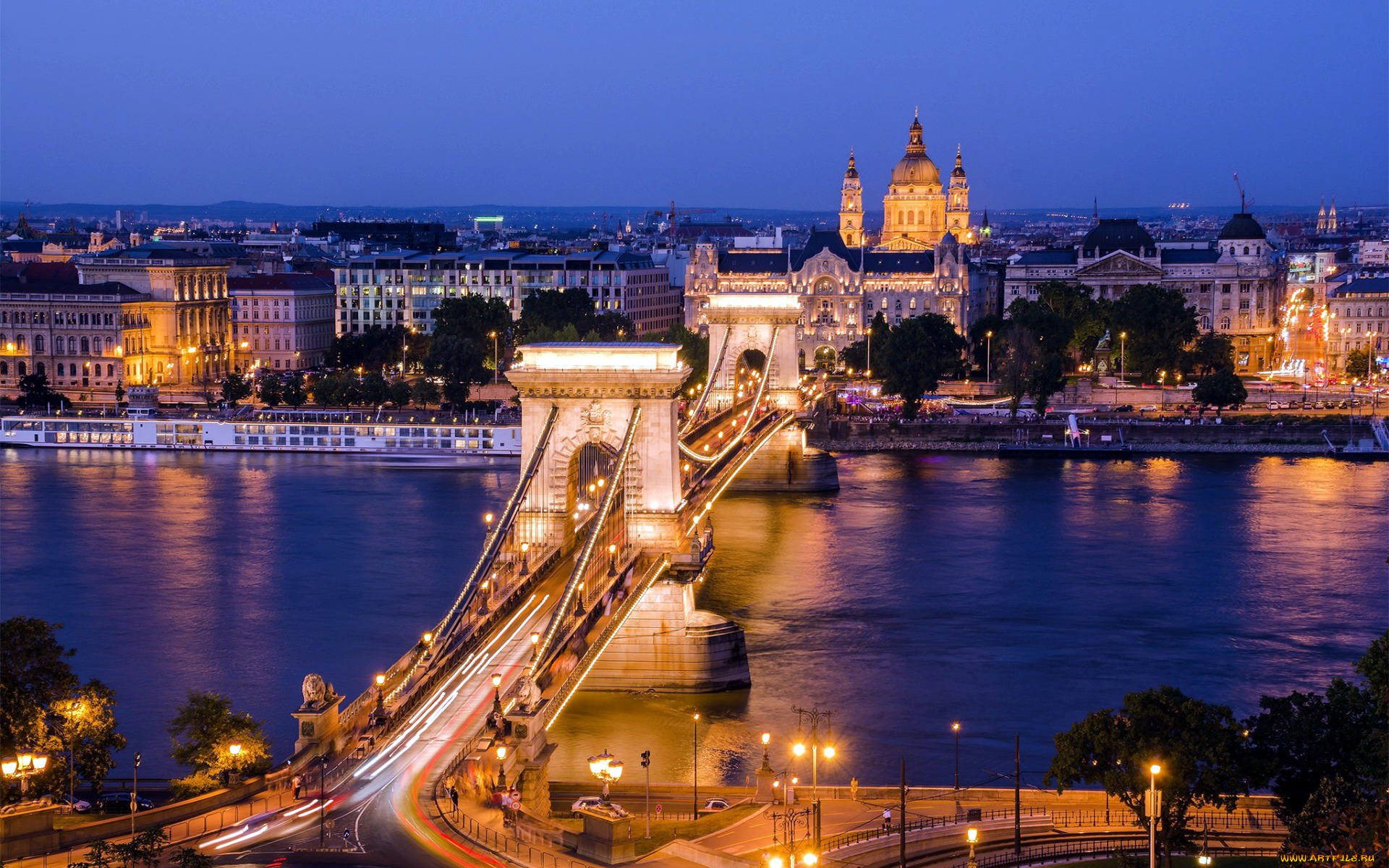 города, будапешт, , венгрия, огни, вечер, мост