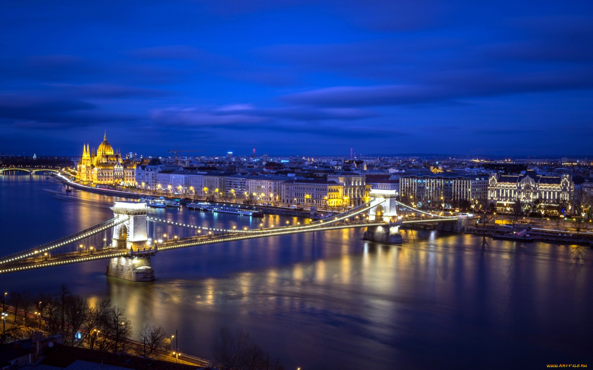 города, будапешт, , венгрия, вечер, мост, огни