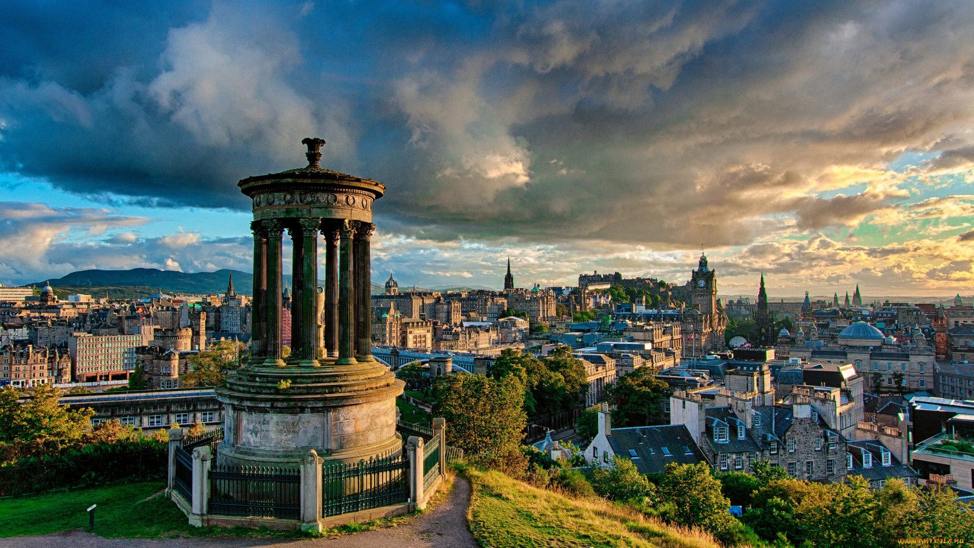 города, эдинбург, шотландия, calton, hill, великобритания, dugald, stewart, monument, edinburgh, scotland, панорама