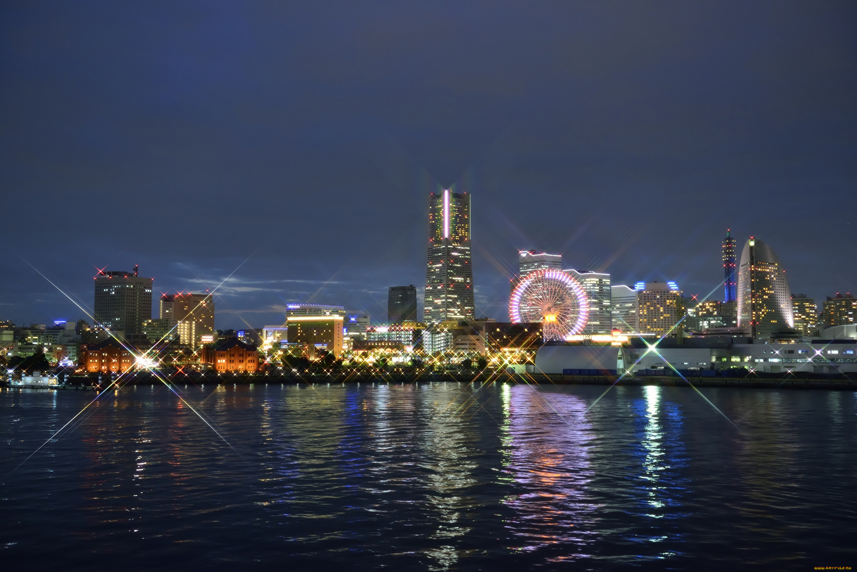 города, йокогама, Япония, ночь, отражение