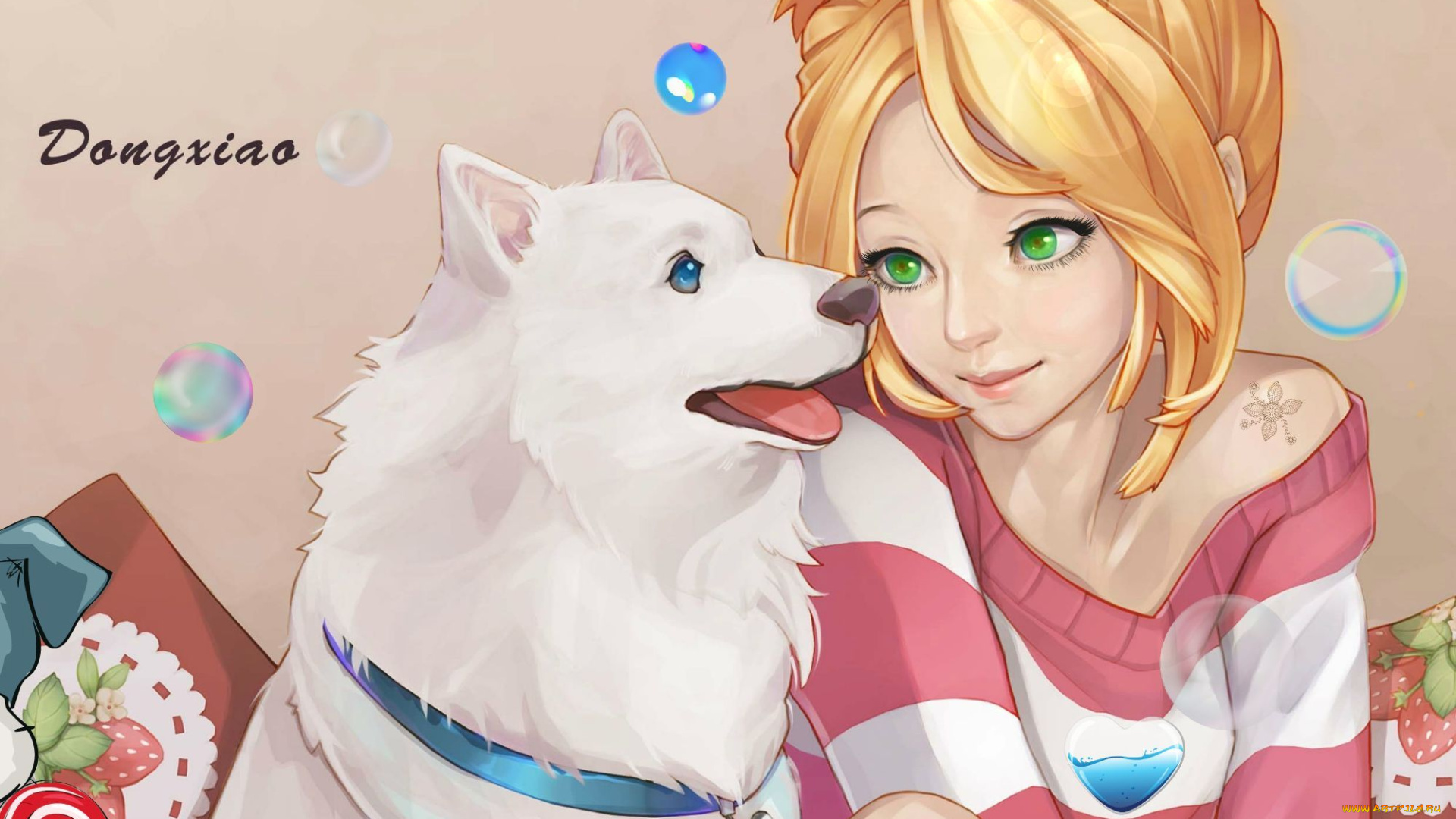 аниме, -animals, &, creatures, мыльные, пузыри, собака, девушка